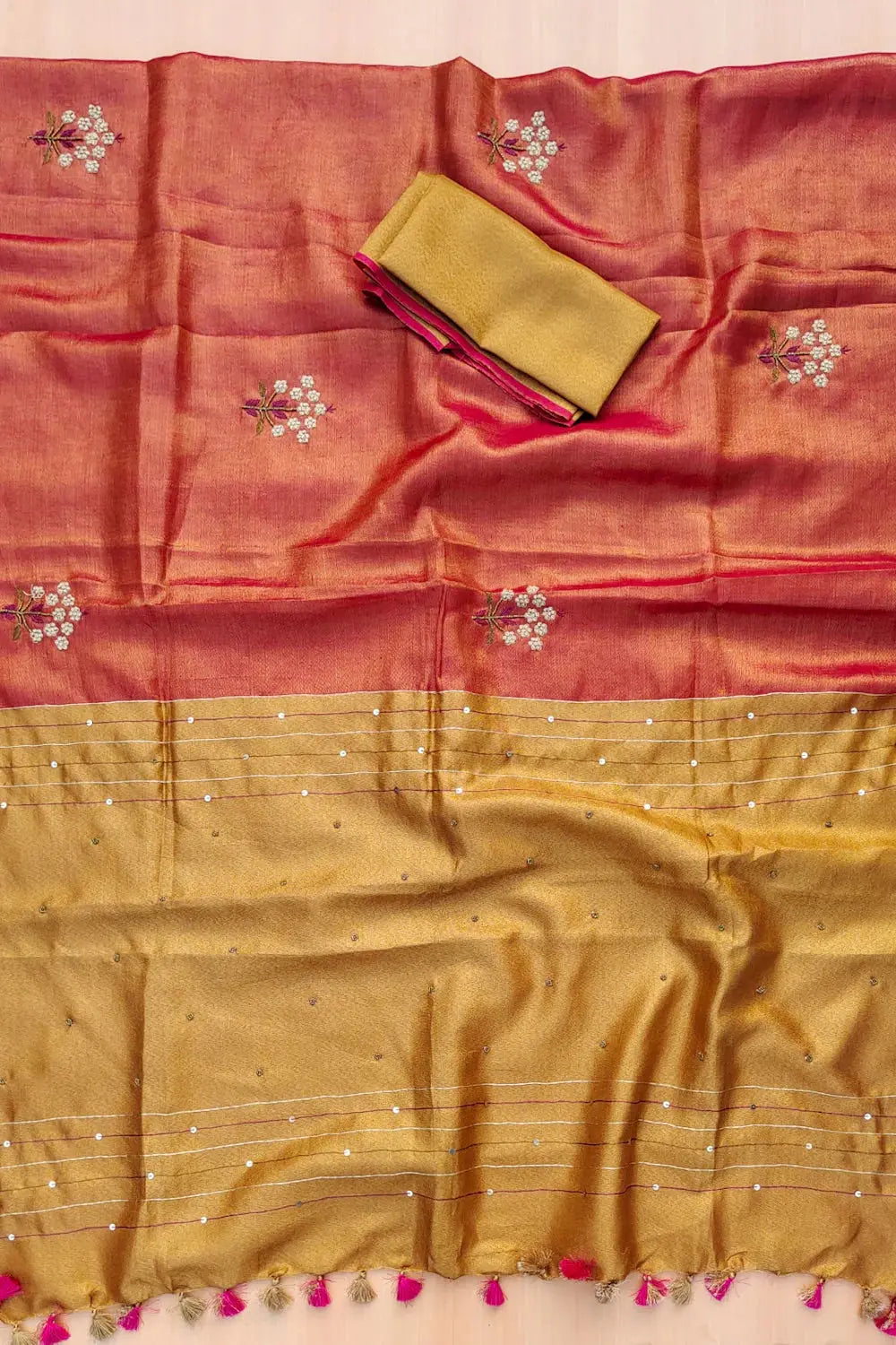 Tomato Red Handwoven Zari Linen Saree with Hand Embroidery Work kihums clothing