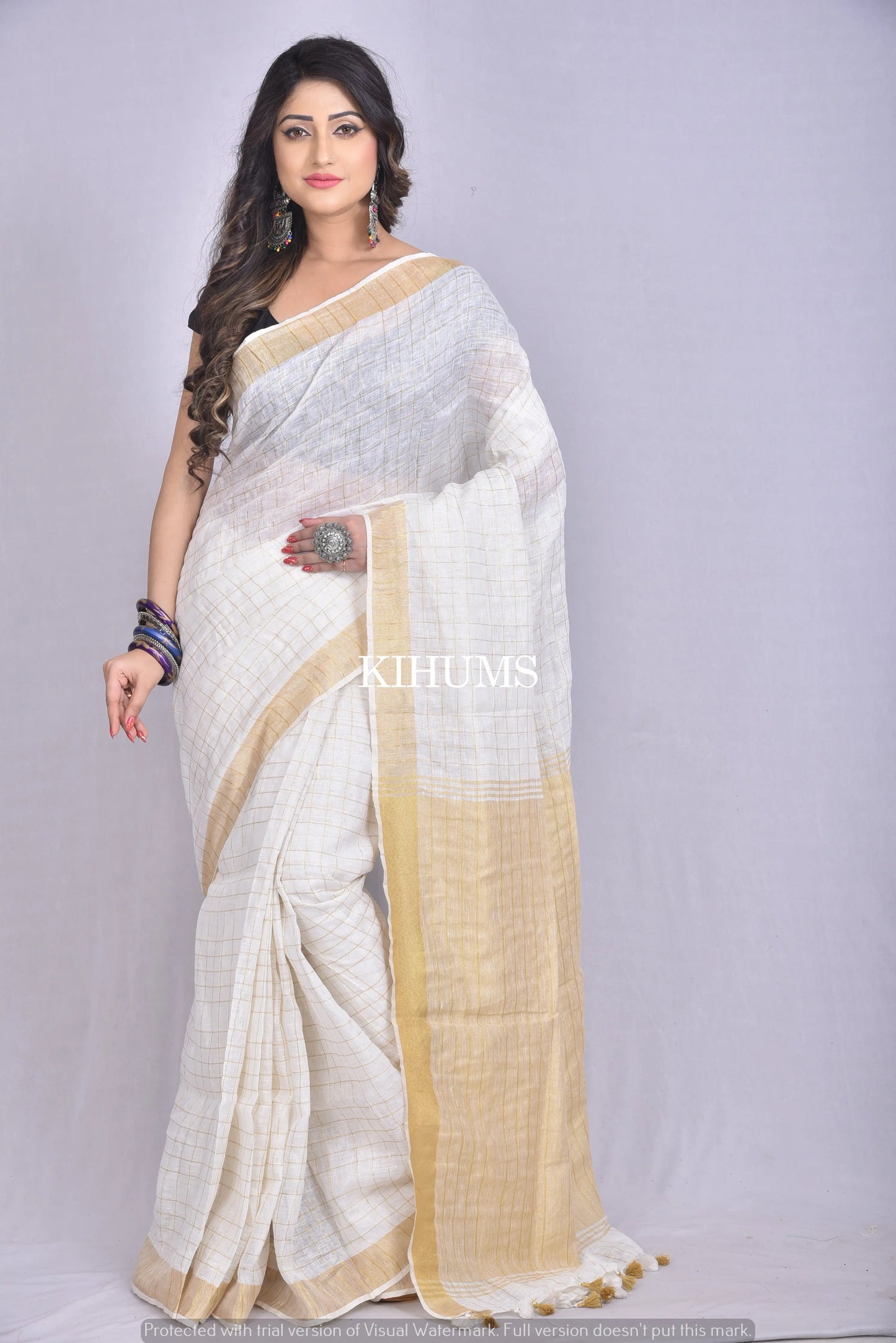White handmade Linen Saree with Golden Zari Border kihums clothing