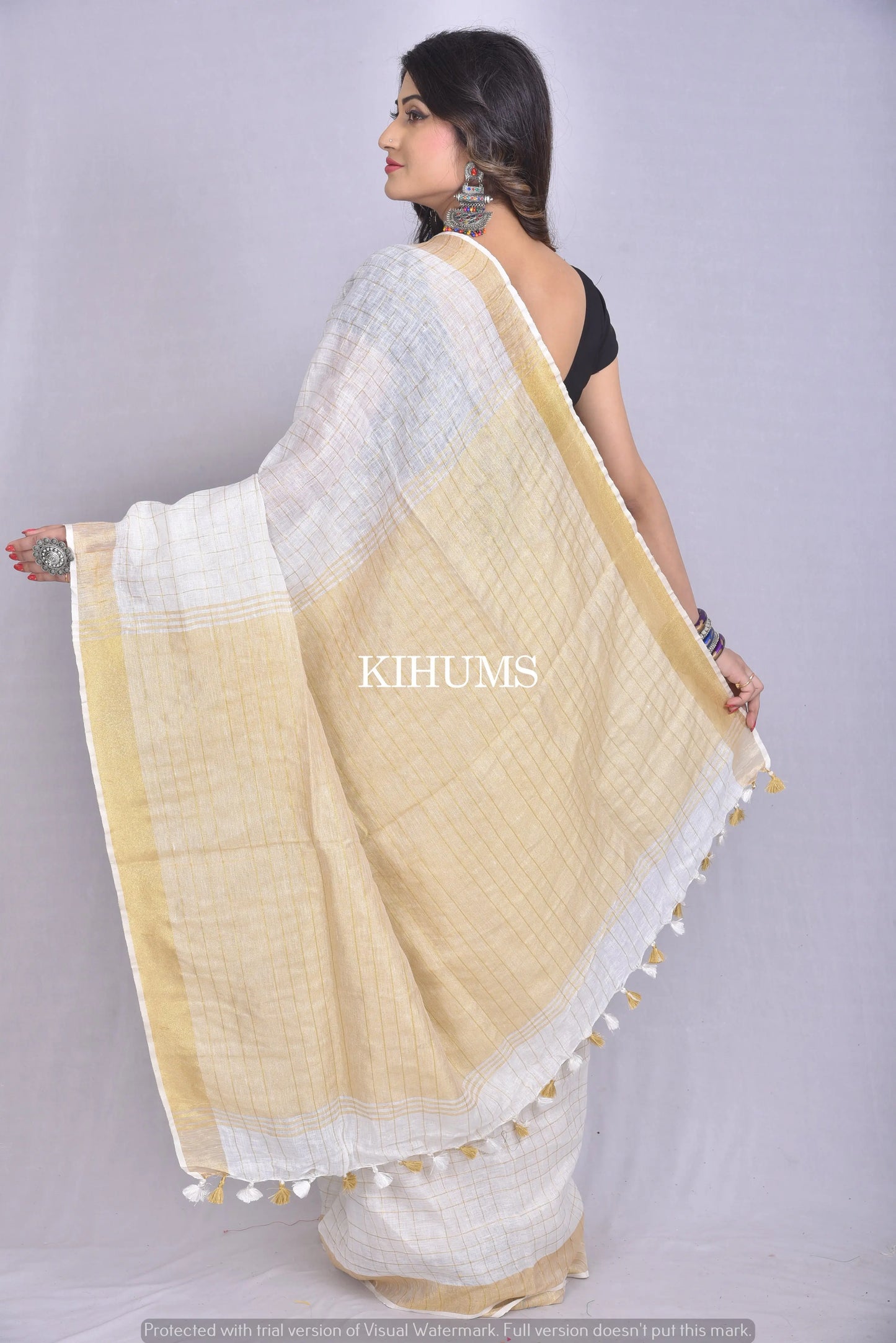 White handmade Linen Saree with Golden Zari Border kihums clothing