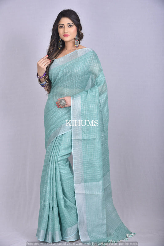 Pastel Blue Handmade Pure Linen Saree with Silver Zari kihums clothing