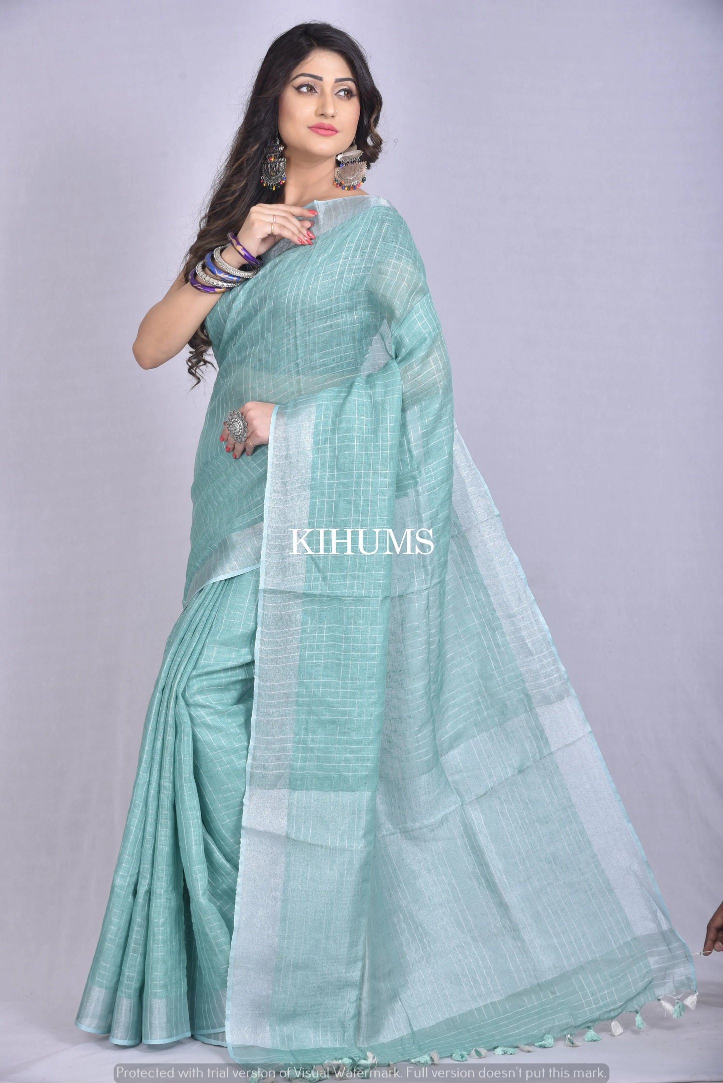 Pastel Blue Handmade Pure Linen Saree with Silver Zari kihums clothing