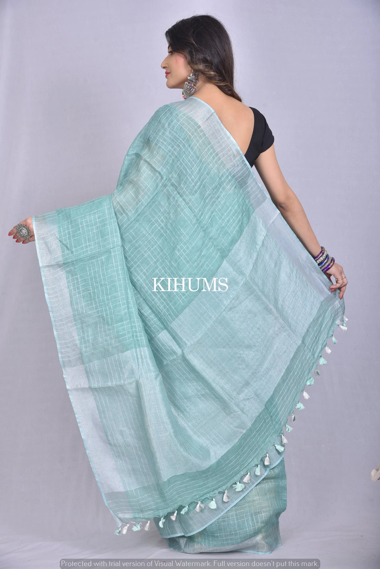 Pastel Blue Handmade Pure Linen Saree with Silver Zari kihums clothing