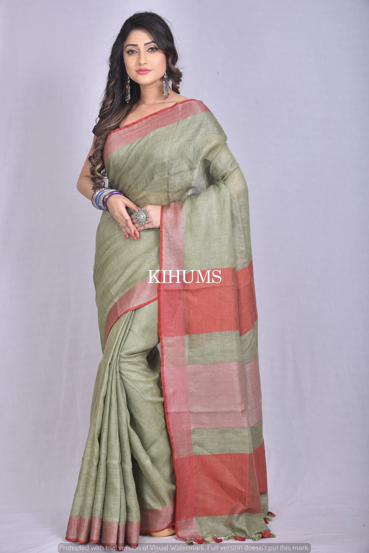 Ash Beige Shade Handmade Pure Linen Saree | Red Border | KIHUMS Saree kihums clothing