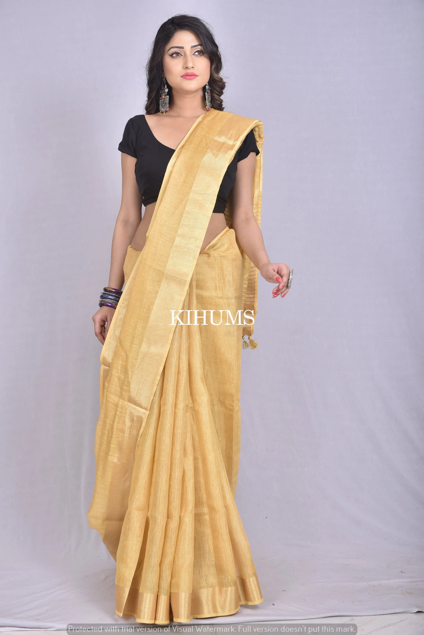 Golden Shade Tissue Linen Saree | Gold Zari border kihums clothing
