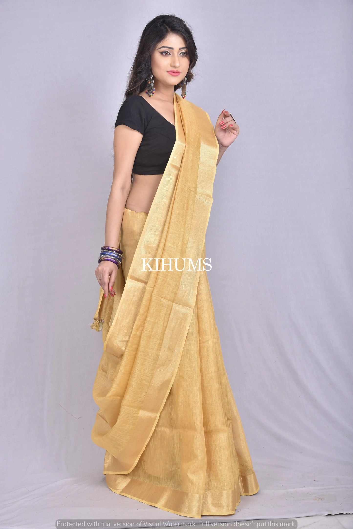 Golden Shade Tissue Linen Saree | Gold Zari border kihums clothing