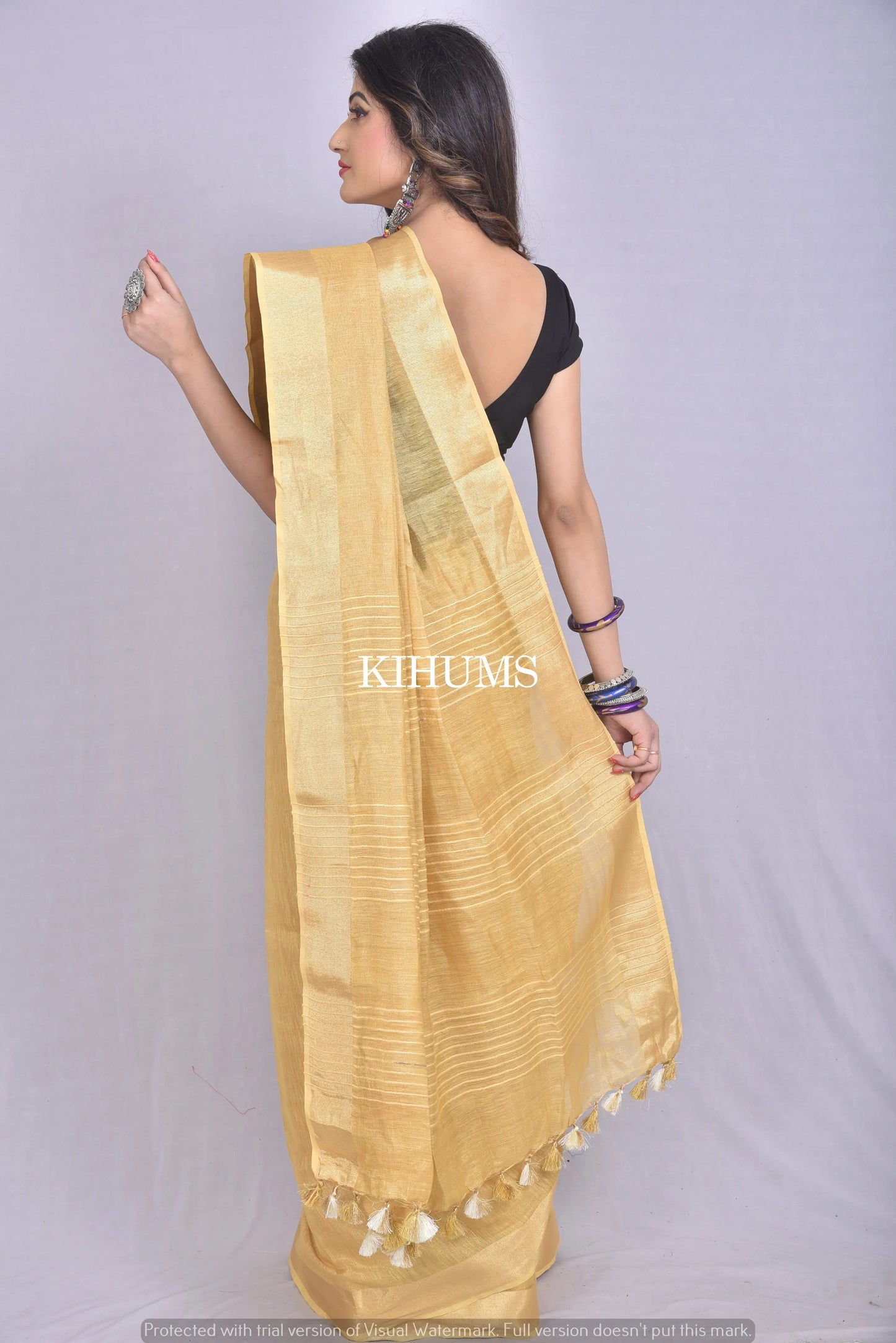 Golden Shade Tissue Linen Saree | Gold Zari border kihums clothing