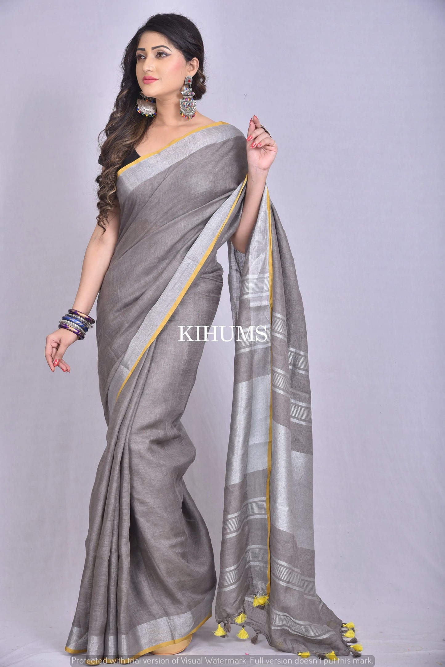 Grey and Yellow Handmade Linen Saree | Sarees by Kihums kihums clothing