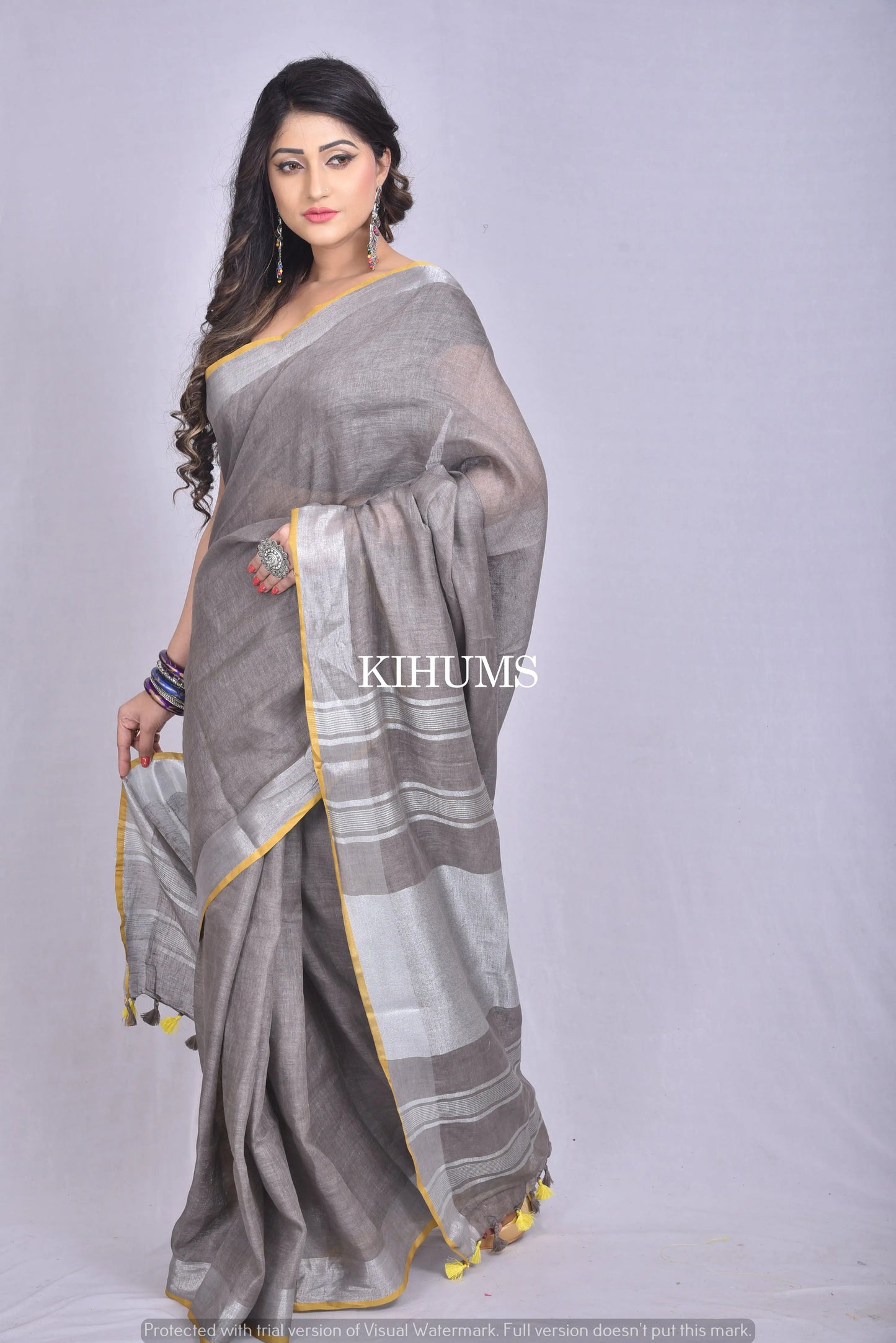 Grey and Yellow Handmade Linen Saree | Sarees by Kihums kihums clothing