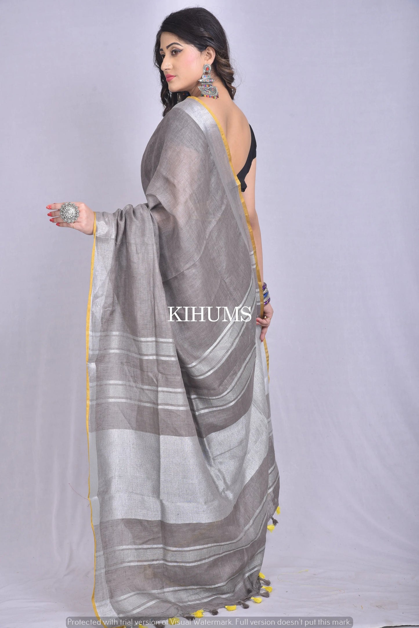 Grey and Yellow Handmade Linen Saree | Sarees by Kihums kihums clothing