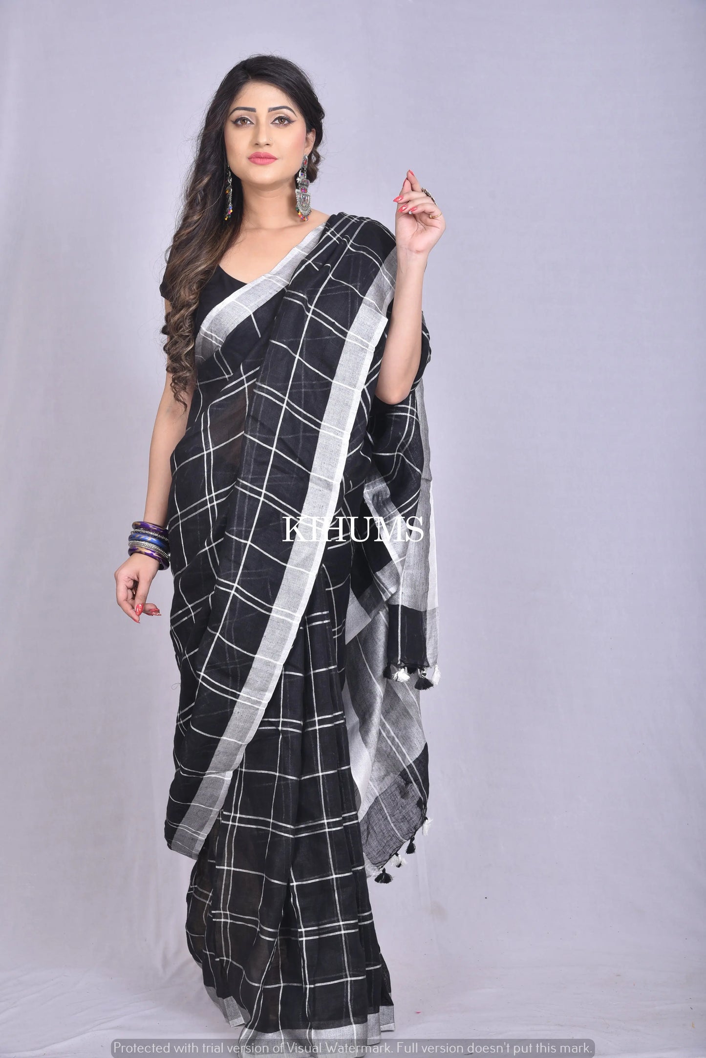 Black Handwoven Linen Saree | Silver Zari Checks | KIHUMS Saree kihums clothing