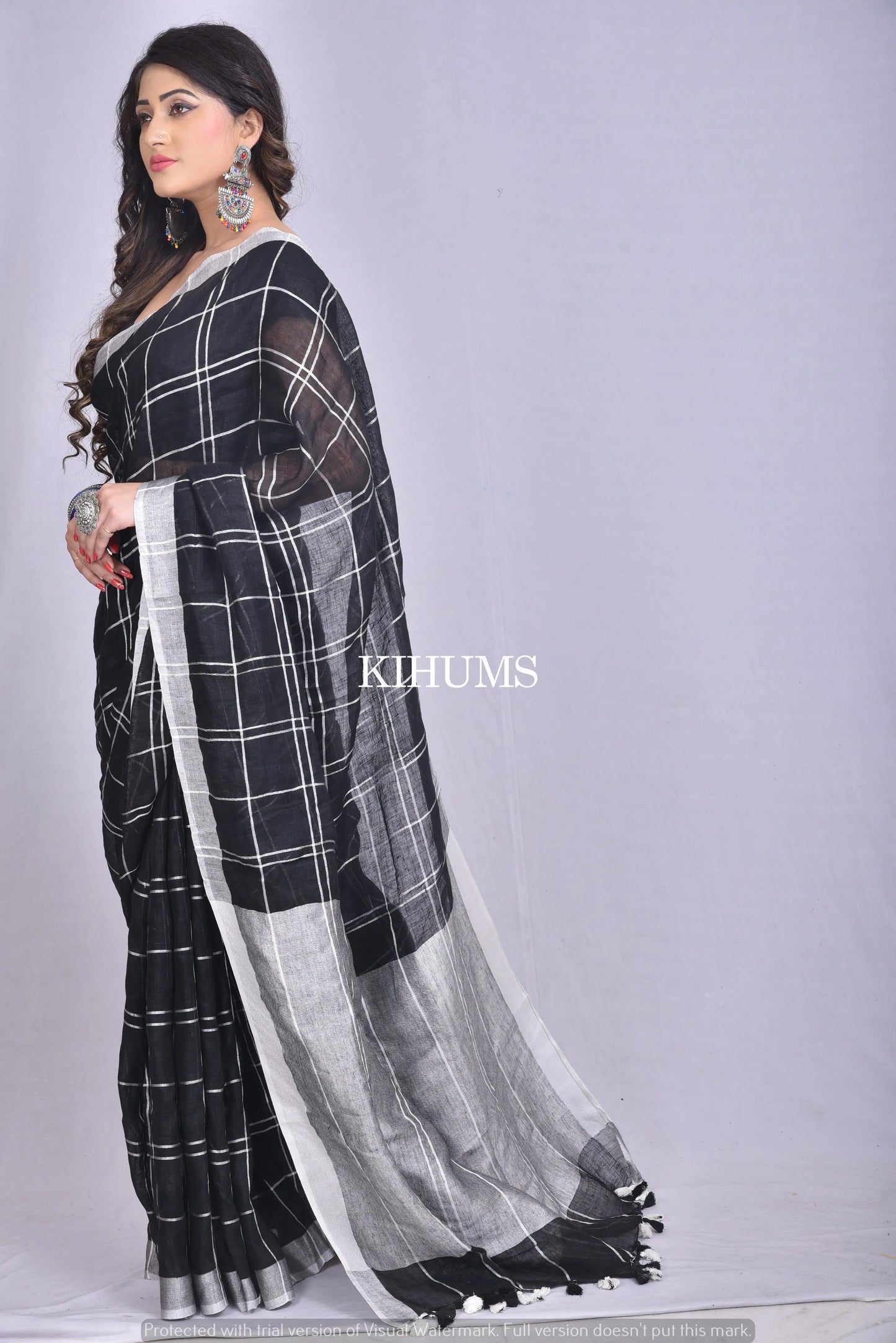 Black Handwoven Linen Saree | Silver Zari Checks | KIHUMS Saree kihums clothing