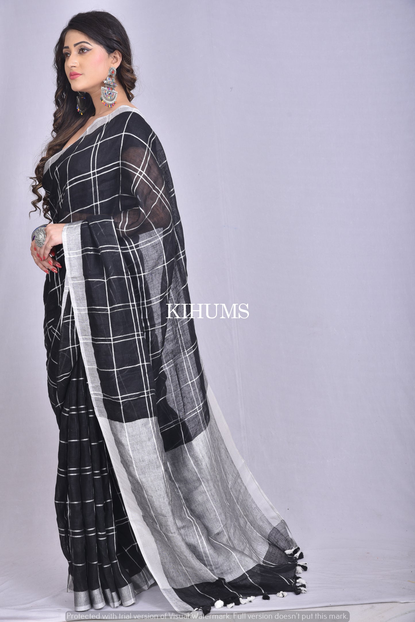 Black Handwoven Linen Saree | Silver Zari Checks | KIHUMS Saree