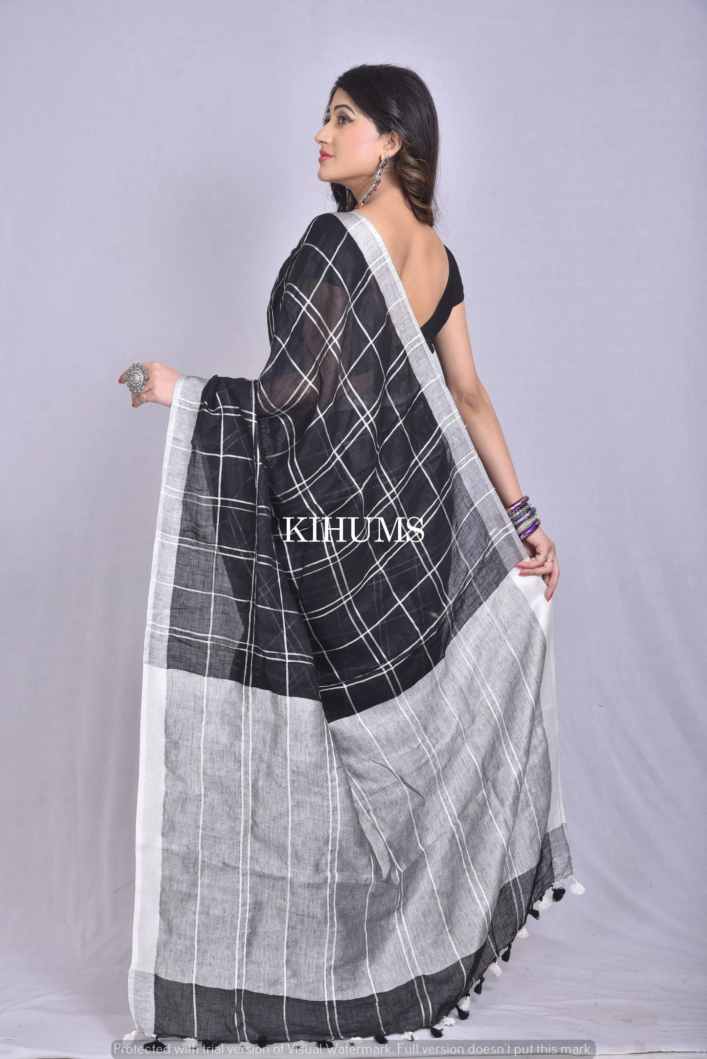 Black Handwoven Linen Saree | Silver Zari Checks | KIHUMS Saree kihums clothing