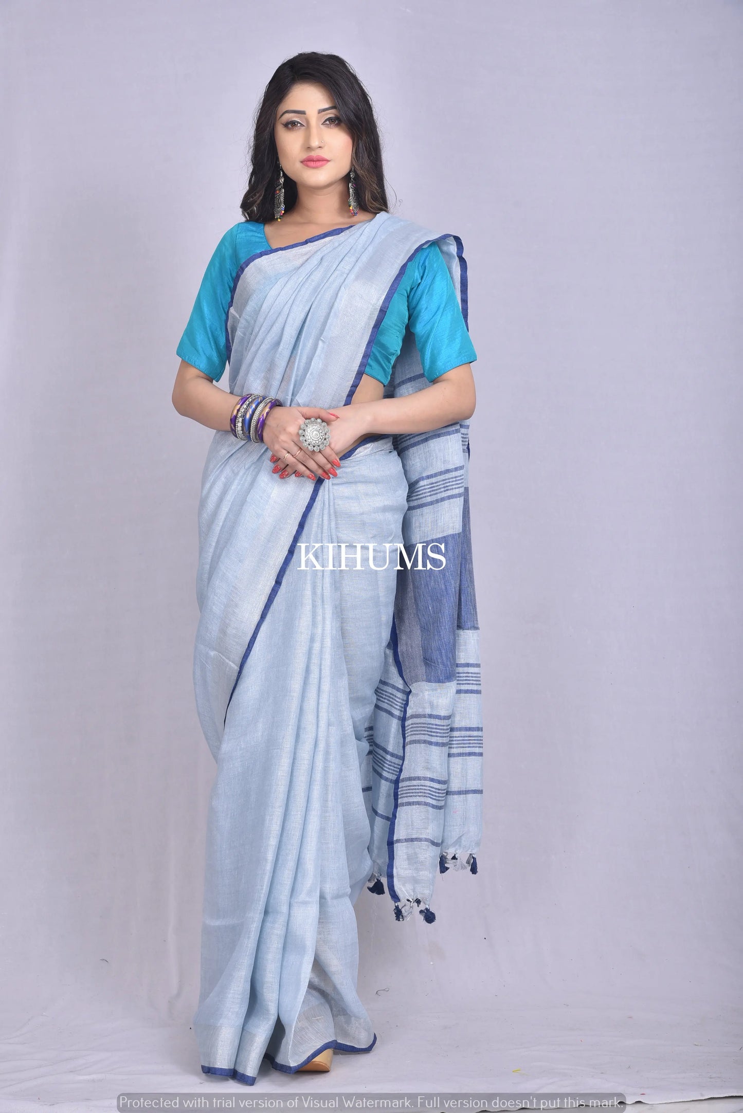 Blue Handwoven Linen Saree | Silver Zari border | KIHUMS Saree kihums clothing