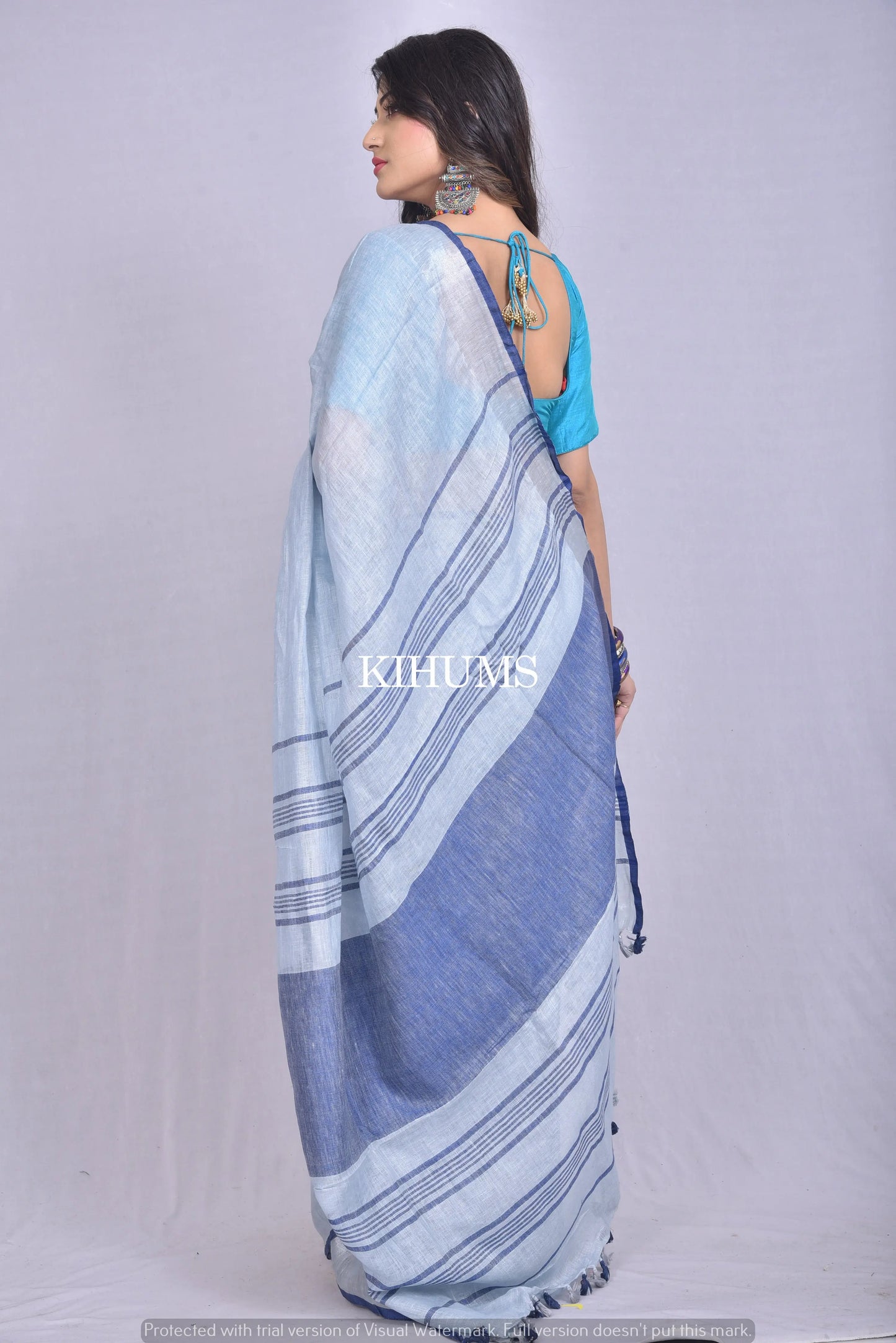 Blue Handwoven Linen Saree | Silver Zari border | KIHUMS Saree kihums clothing