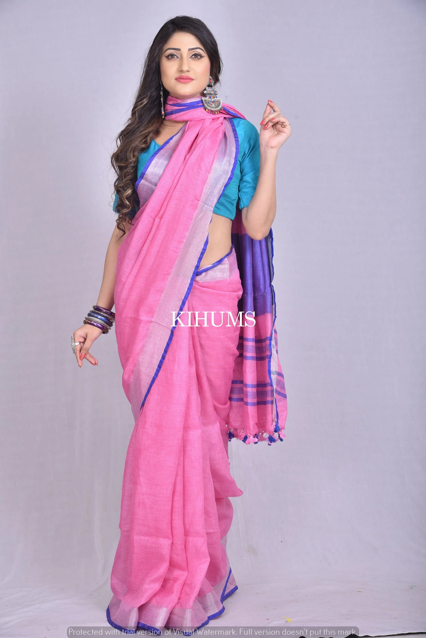 Pink Handwoven Linen Saree | Silver Zari border | KIHUMS Saree kihums clothing