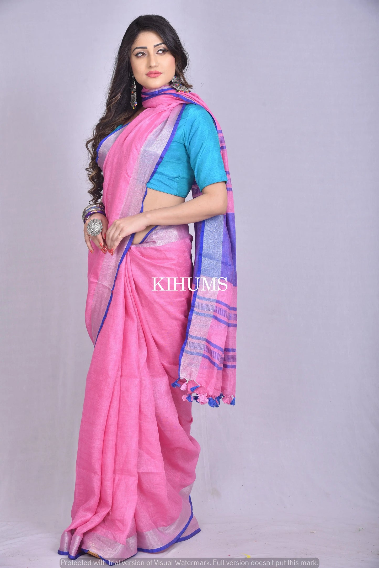 Pink Handwoven Linen Saree | Silver Zari border | KIHUMS Saree kihums clothing