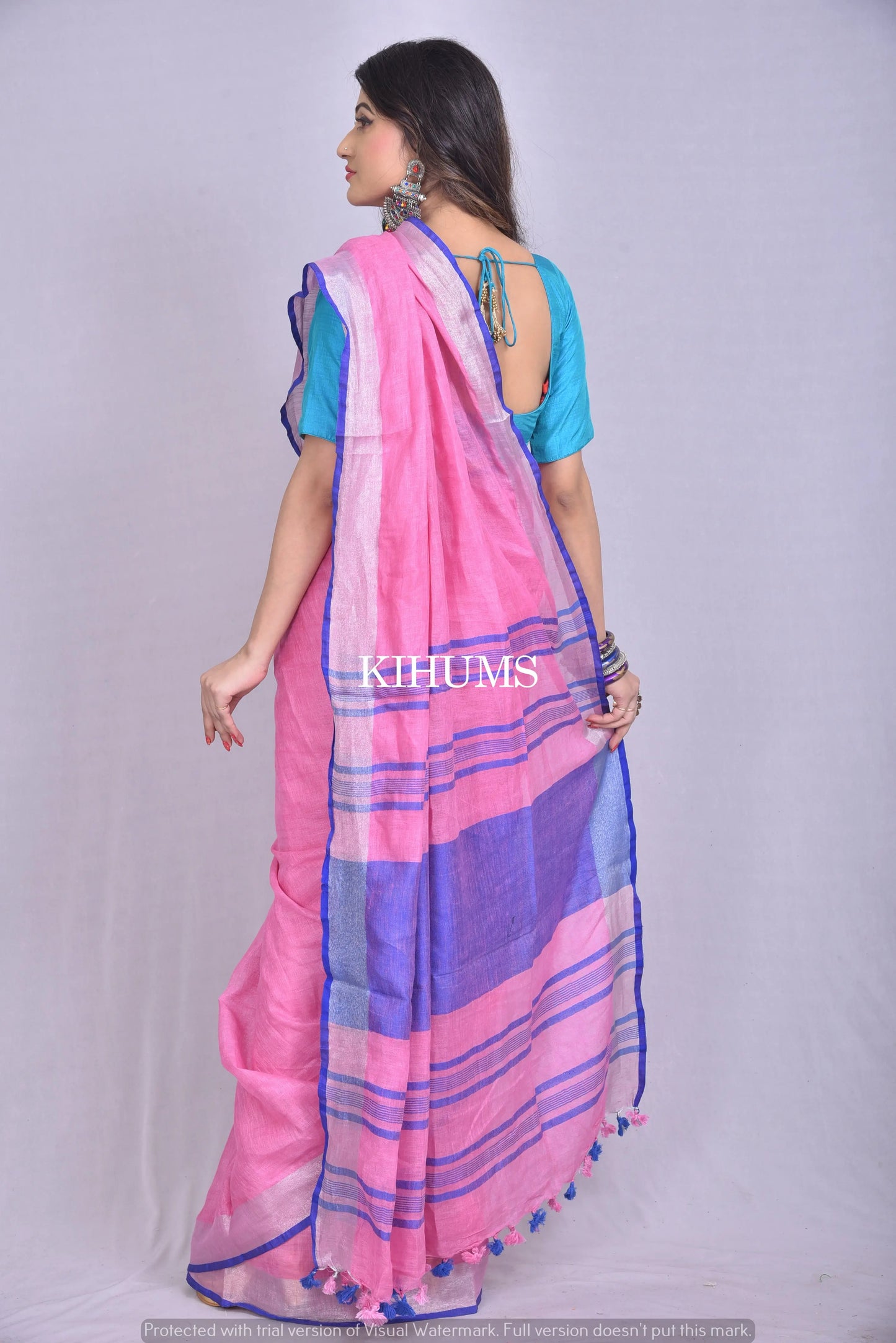Pink Handwoven Linen Saree | Silver Zari border | KIHUMS Saree kihums clothing