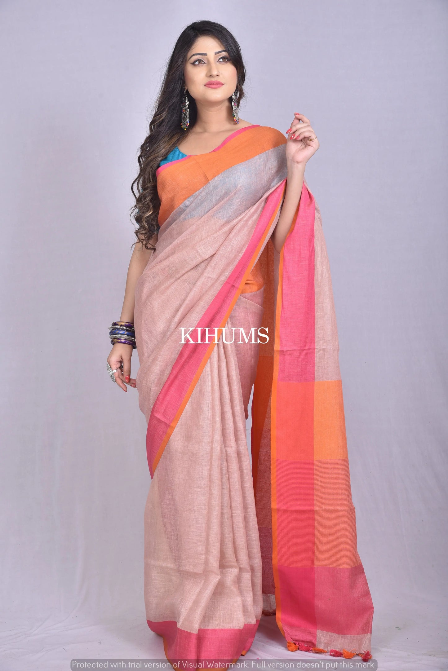 Beige Shade Handwoven Linen Saree | Contrast border | KIHUMS Saree kihums clothing