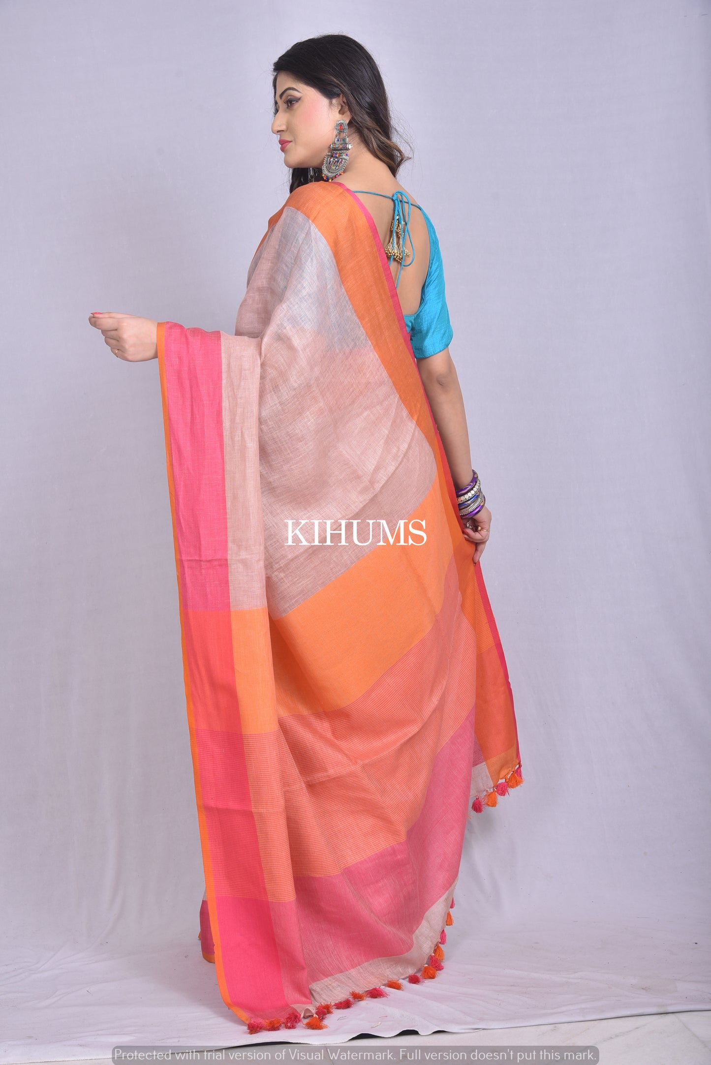 Beige Shade Handwoven Linen Saree | Contrast border | KIHUMS Saree
