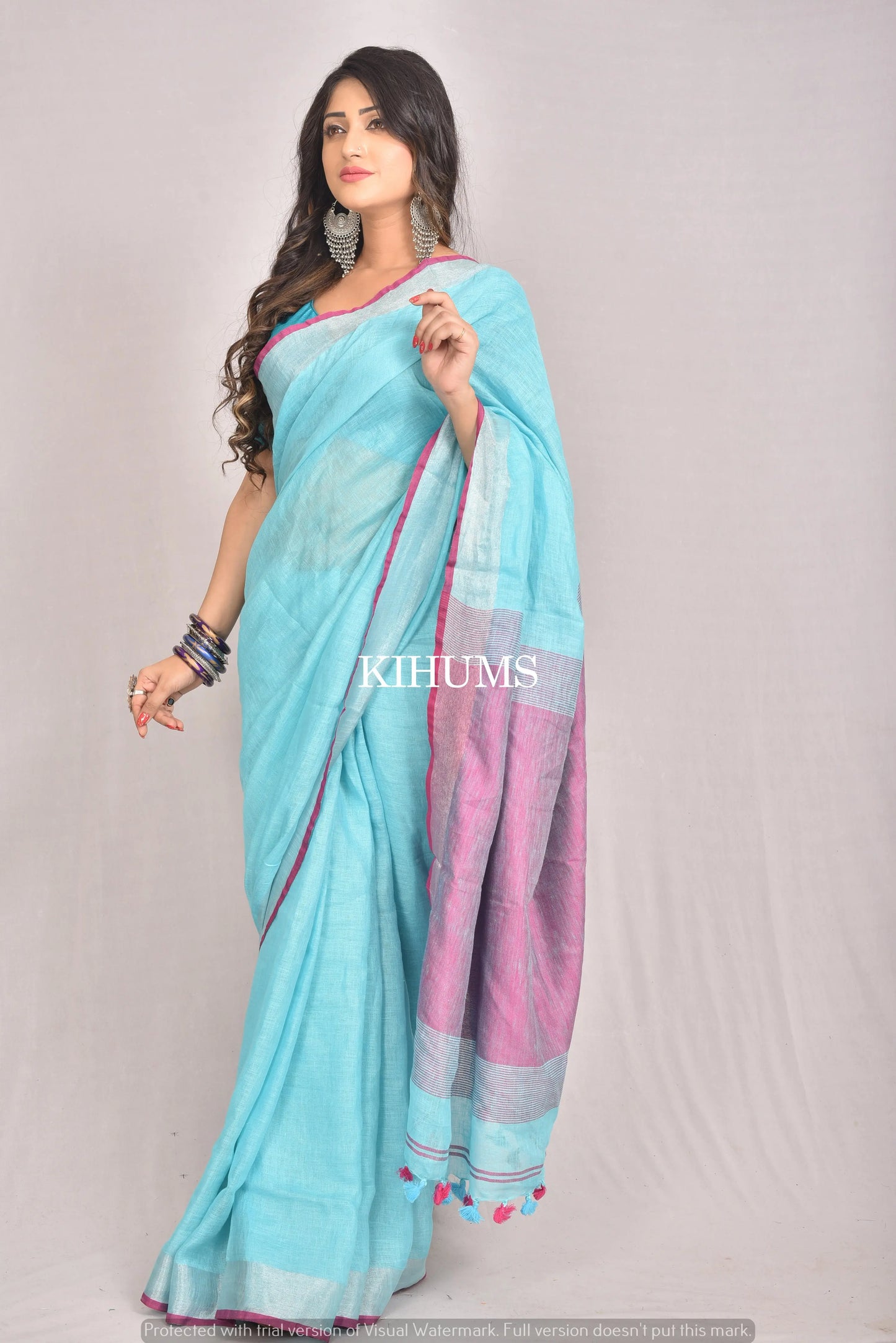 Blue Shade Handwoven Linen Saree | Contrast border | KIHUMS Saree kihums clothing