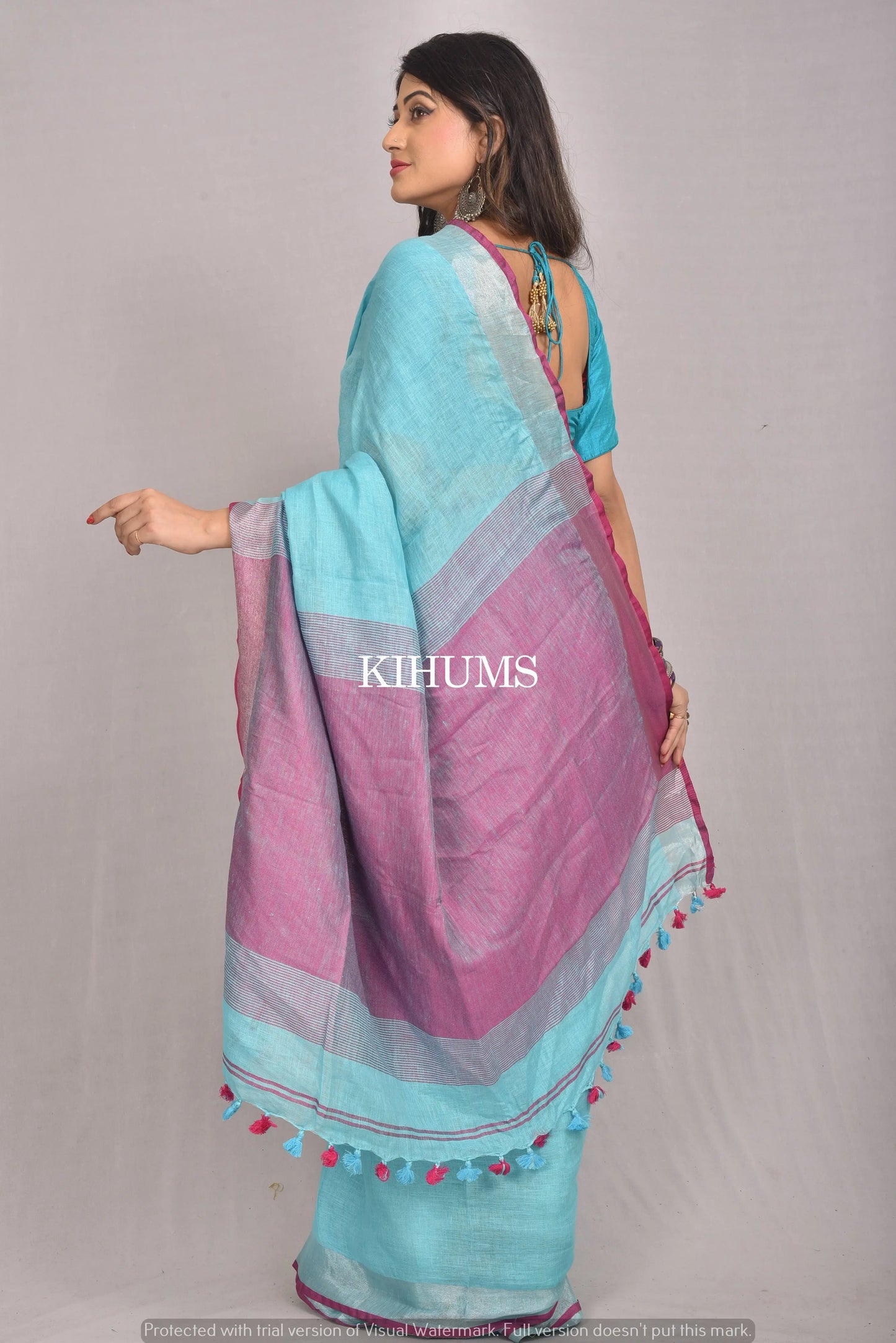 Blue Shade Handwoven Linen Saree | Contrast border | KIHUMS Saree kihums clothing