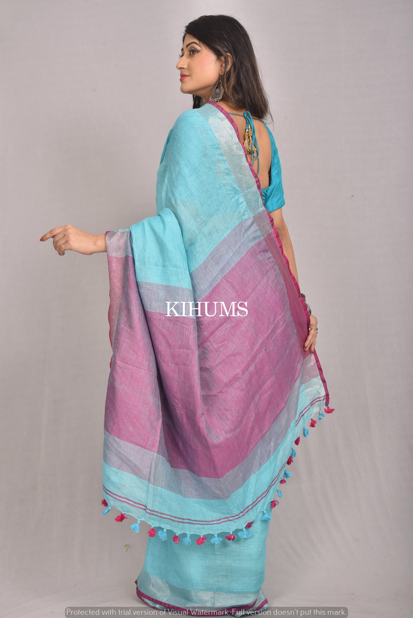 Blue Shade Handwoven Linen Saree | Contrast border | KIHUMS Saree