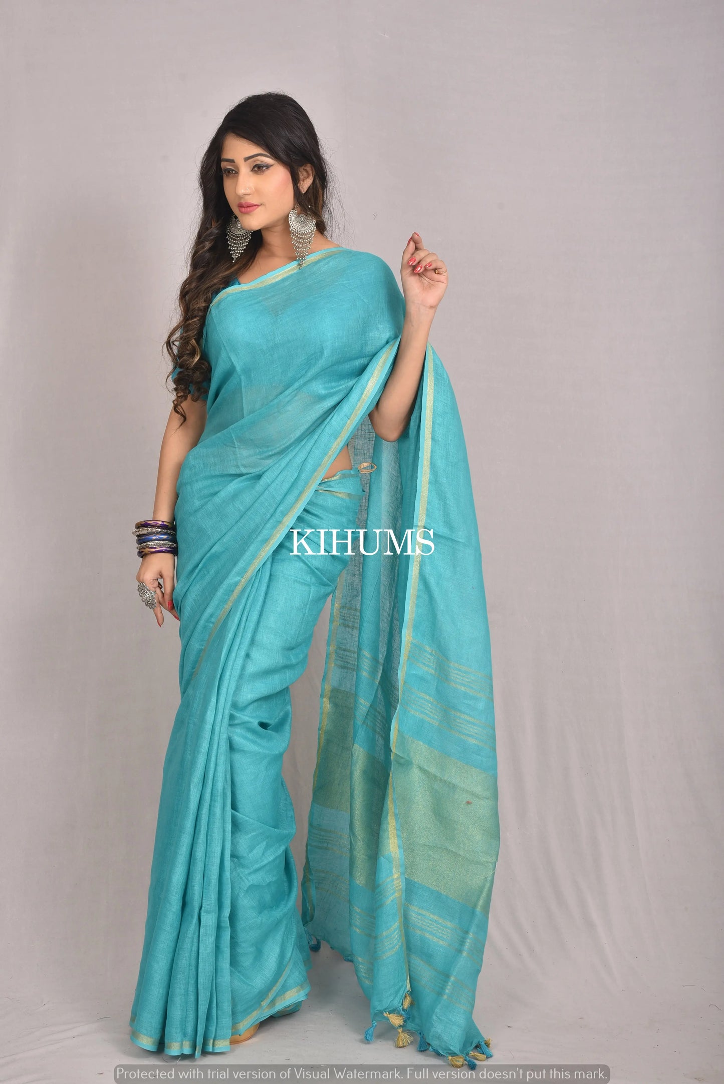 Turquoise Handwoven Linen Saree | Contrast border | KIHUMS Saree kihums clothing