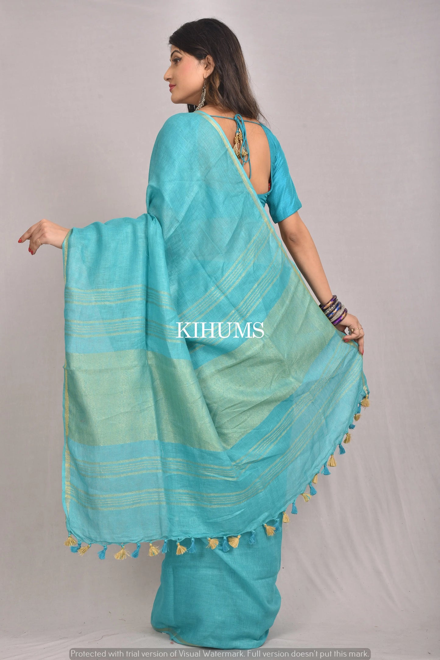 Turquoise Handwoven Linen Saree | Contrast border | KIHUMS Saree kihums clothing