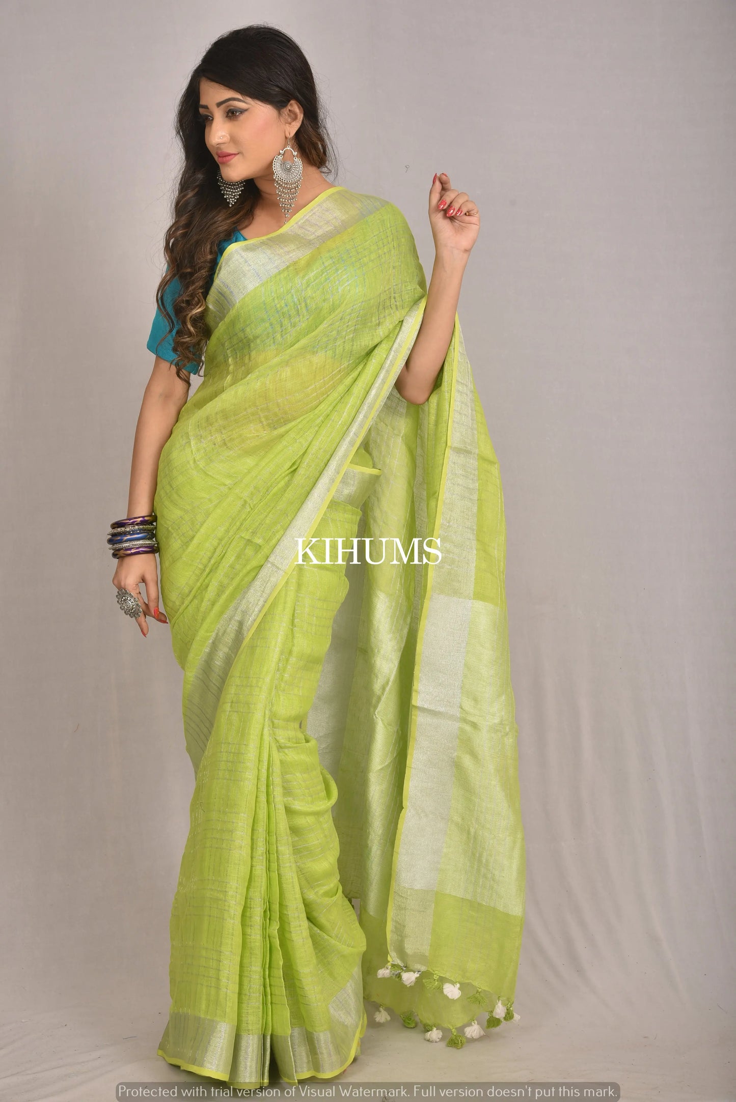 Grass Green Handwoven Linen Saree | Silver Zari Checks | KIHUMS Saree kihums clothing