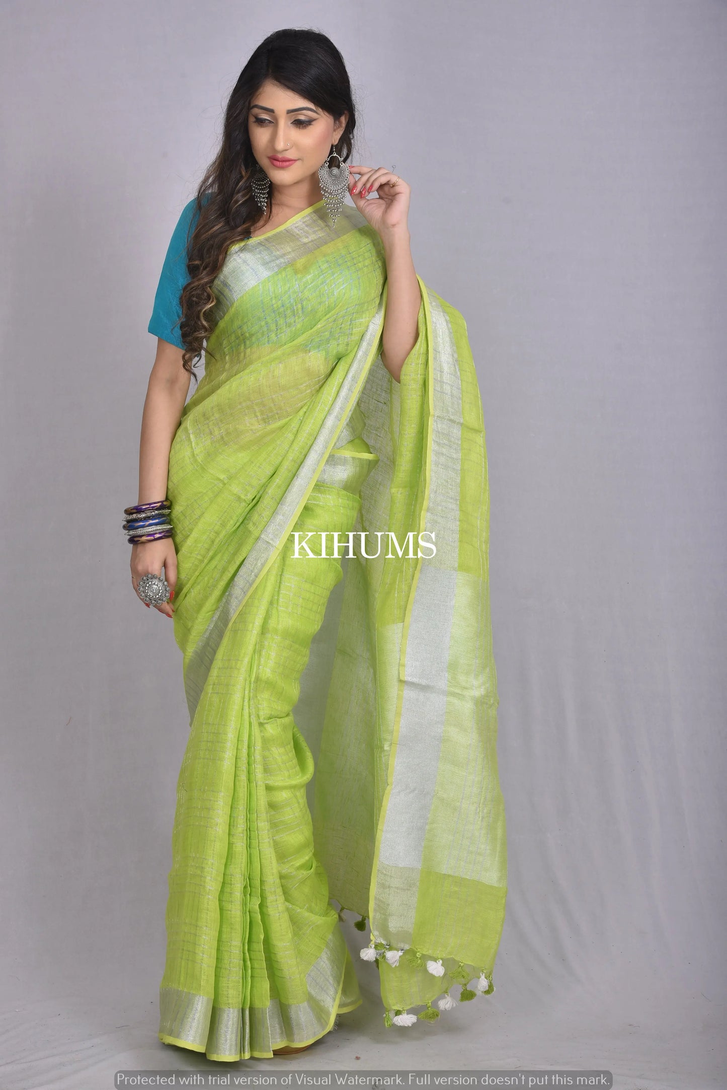 Grass Green Handwoven Linen Saree | Silver Zari Checks | KIHUMS Saree kihums clothing