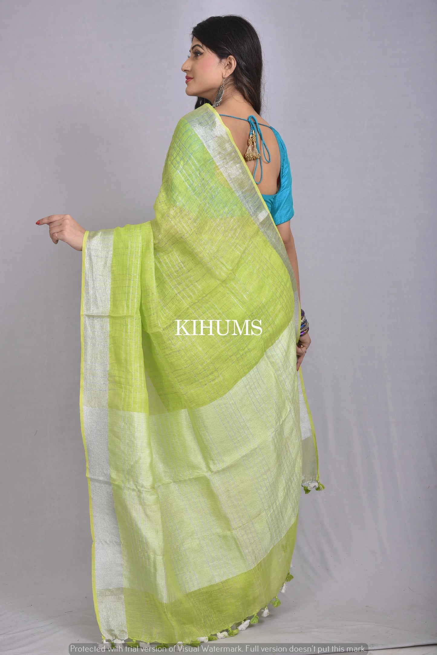 Grass Green Handwoven Linen Saree | Silver Zari Checks | KIHUMS Saree kihums clothing