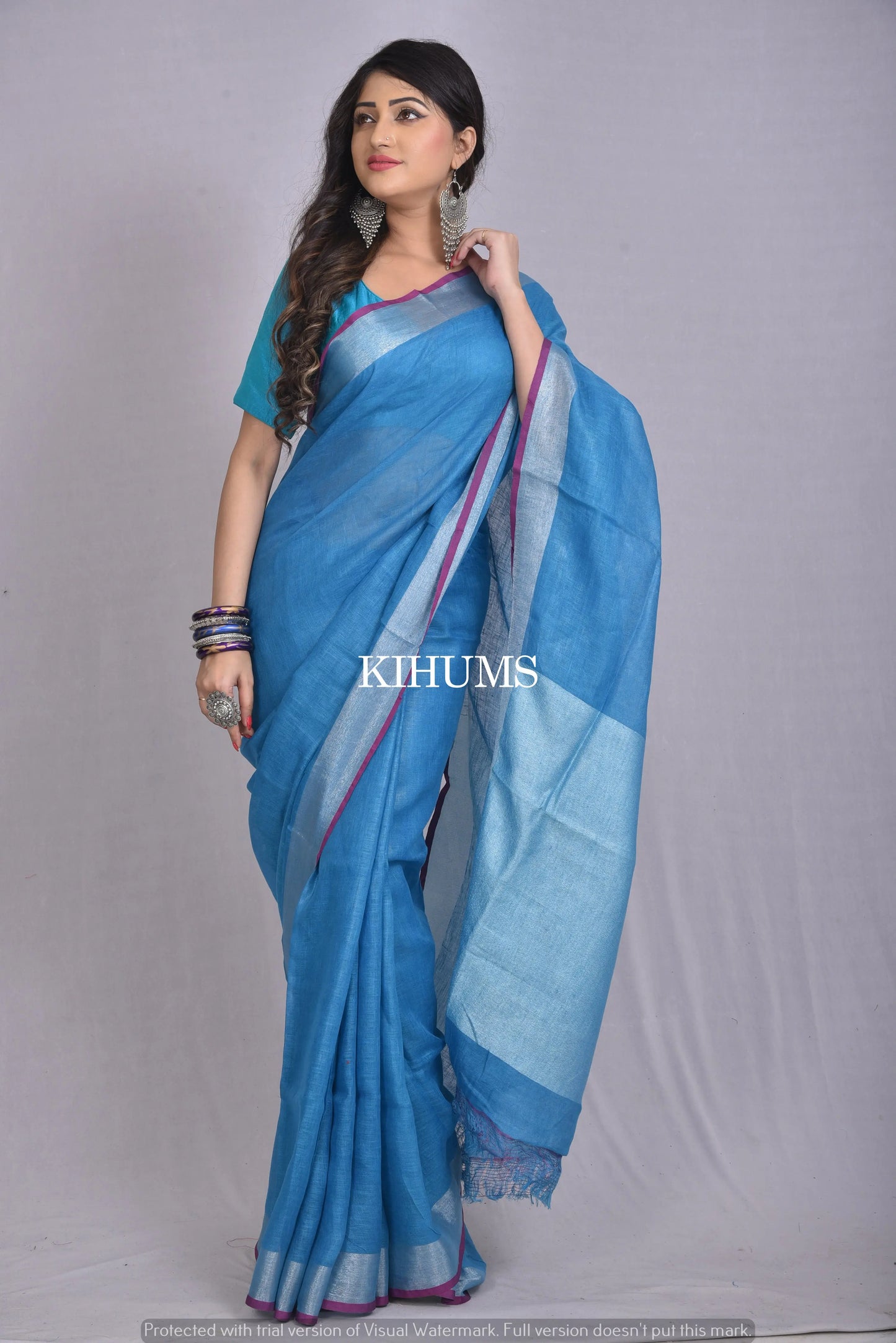 Dark Blue Handwoven Linen Saree | Silver Zari Border| KIHUMS Saree kihums clothing