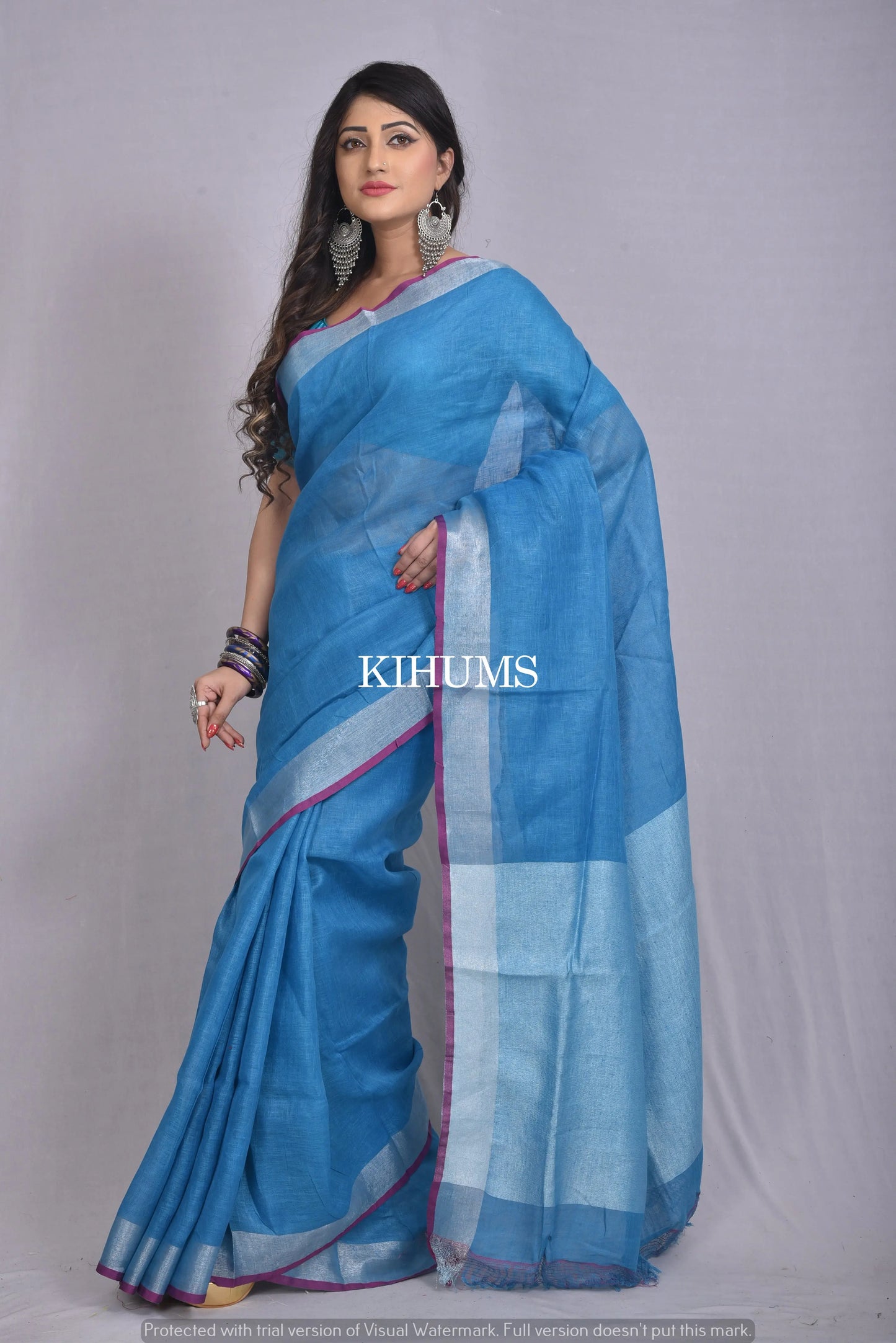 Dark Blue Handwoven Linen Saree | Silver Zari Border| KIHUMS Saree kihums clothing