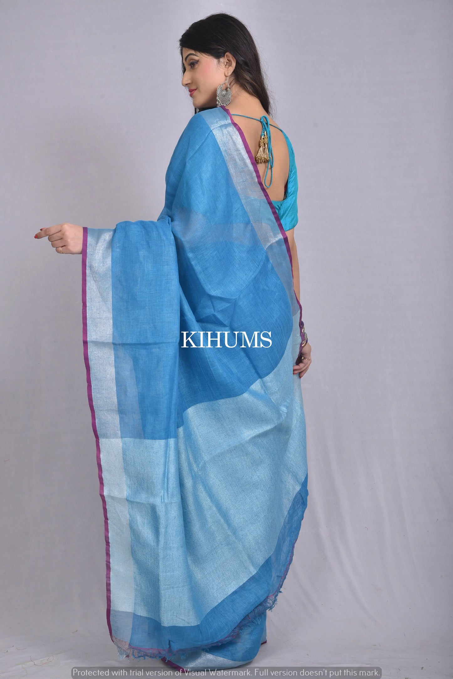 Dark Blue Handwoven Linen Saree | Silver Zari Border| KIHUMS Saree kihums clothing