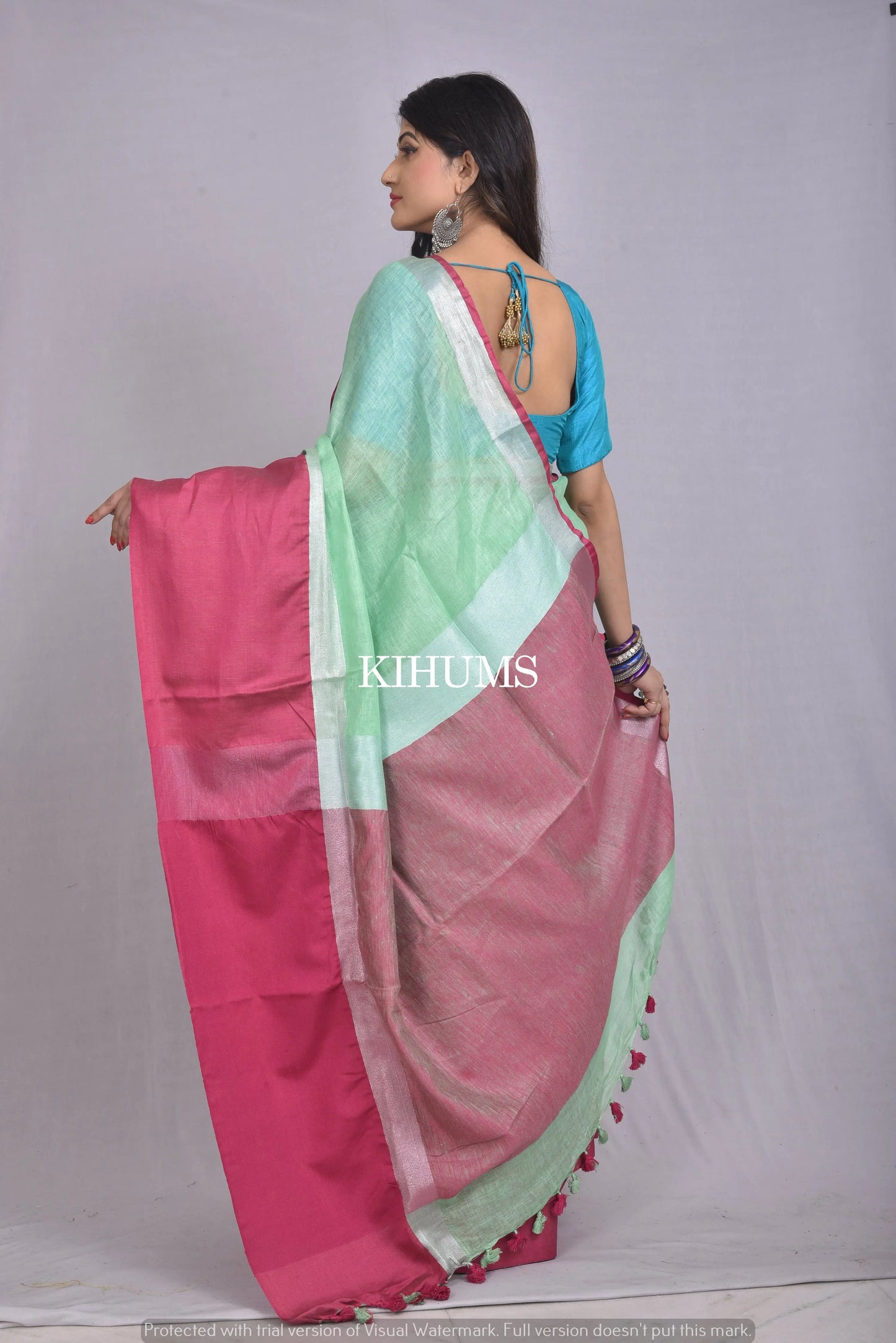 Light Green Handwoven Linen Saree | Pink Contrast Border| KIHUMS Saree kihums clothing
