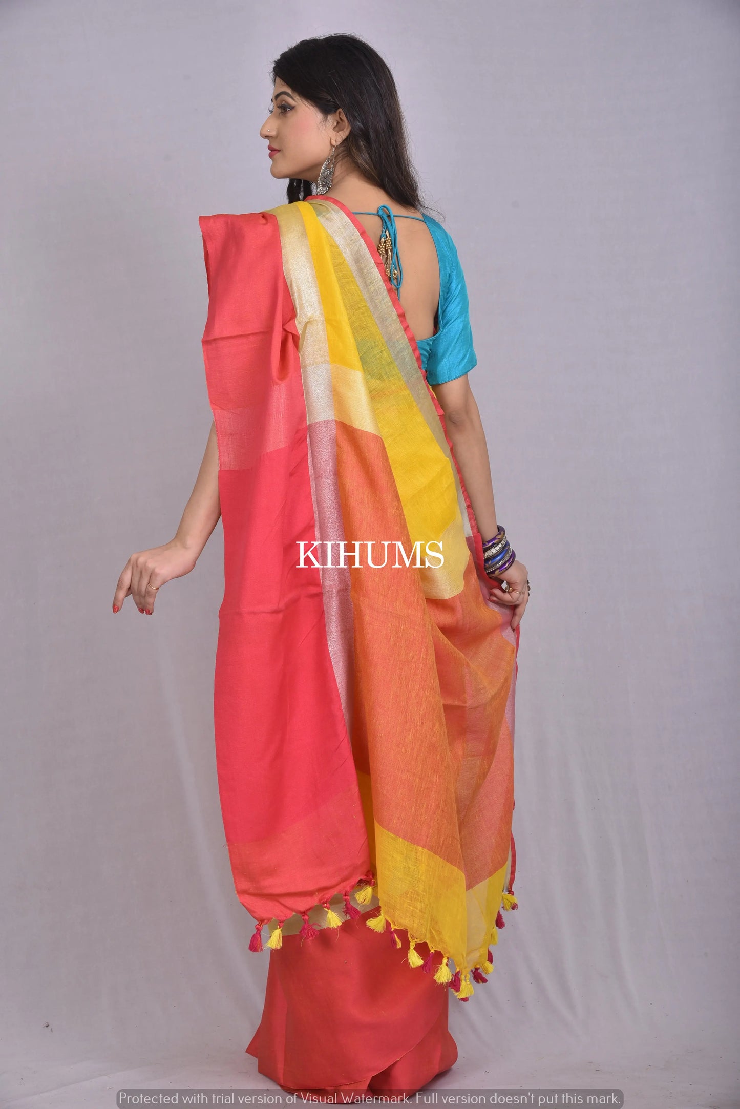 Yellow Handwoven Linen Saree | Red Contrast Border| KIHUMS Saree kihums clothing