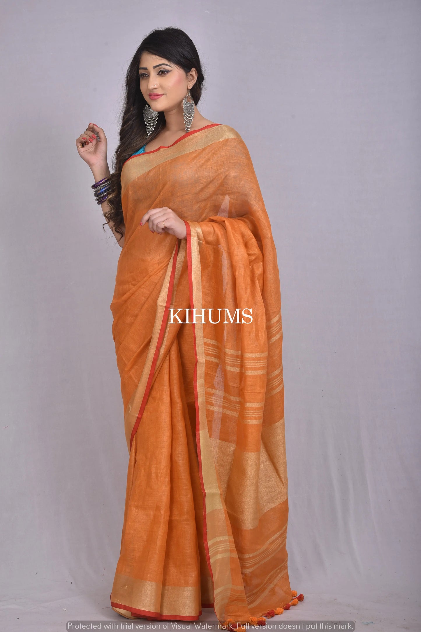 Orange Handwoven Linen Saree | Gold Zari Border| KIHUMS Saree kihums clothing