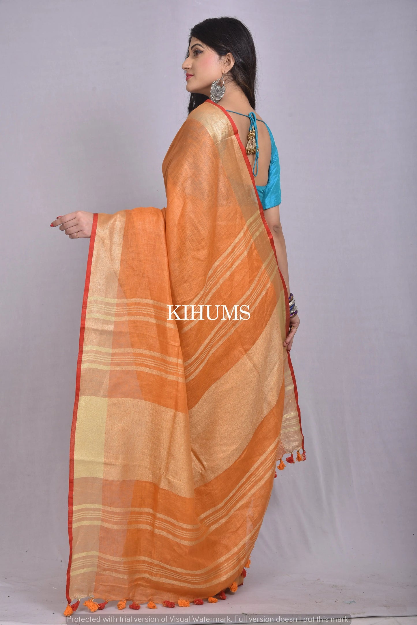 Orange Handwoven Linen Saree | Gold Zari Border| KIHUMS Saree kihums clothing