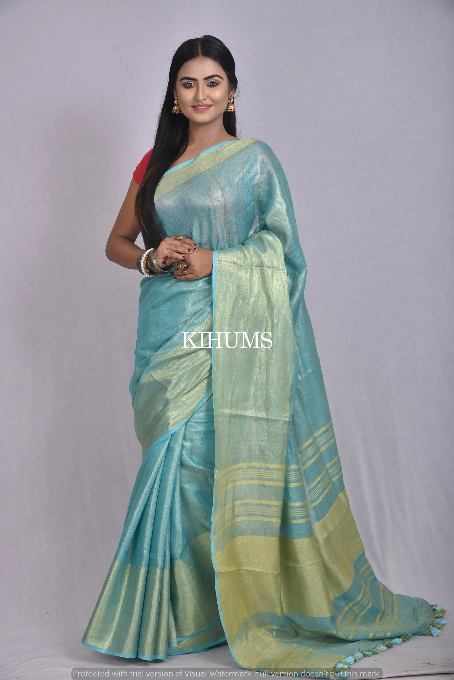 Turquoise Handwoven Tissue Linen Saree | Gold Zari Border| KIHUMS Saree kihums clothing