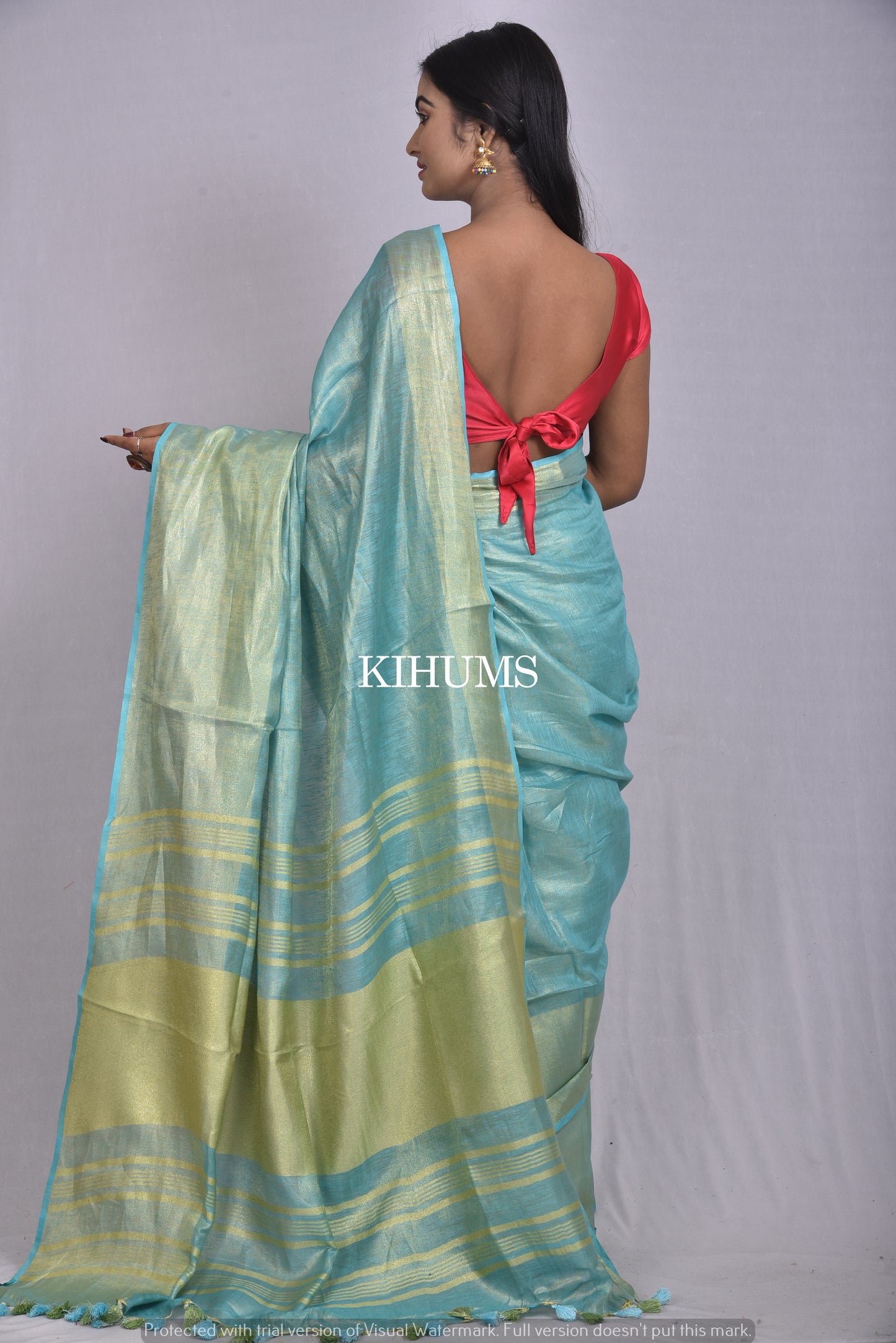 Turquoise Handwoven Tissue Linen Saree | Gold Zari Border| KIHUMS Saree