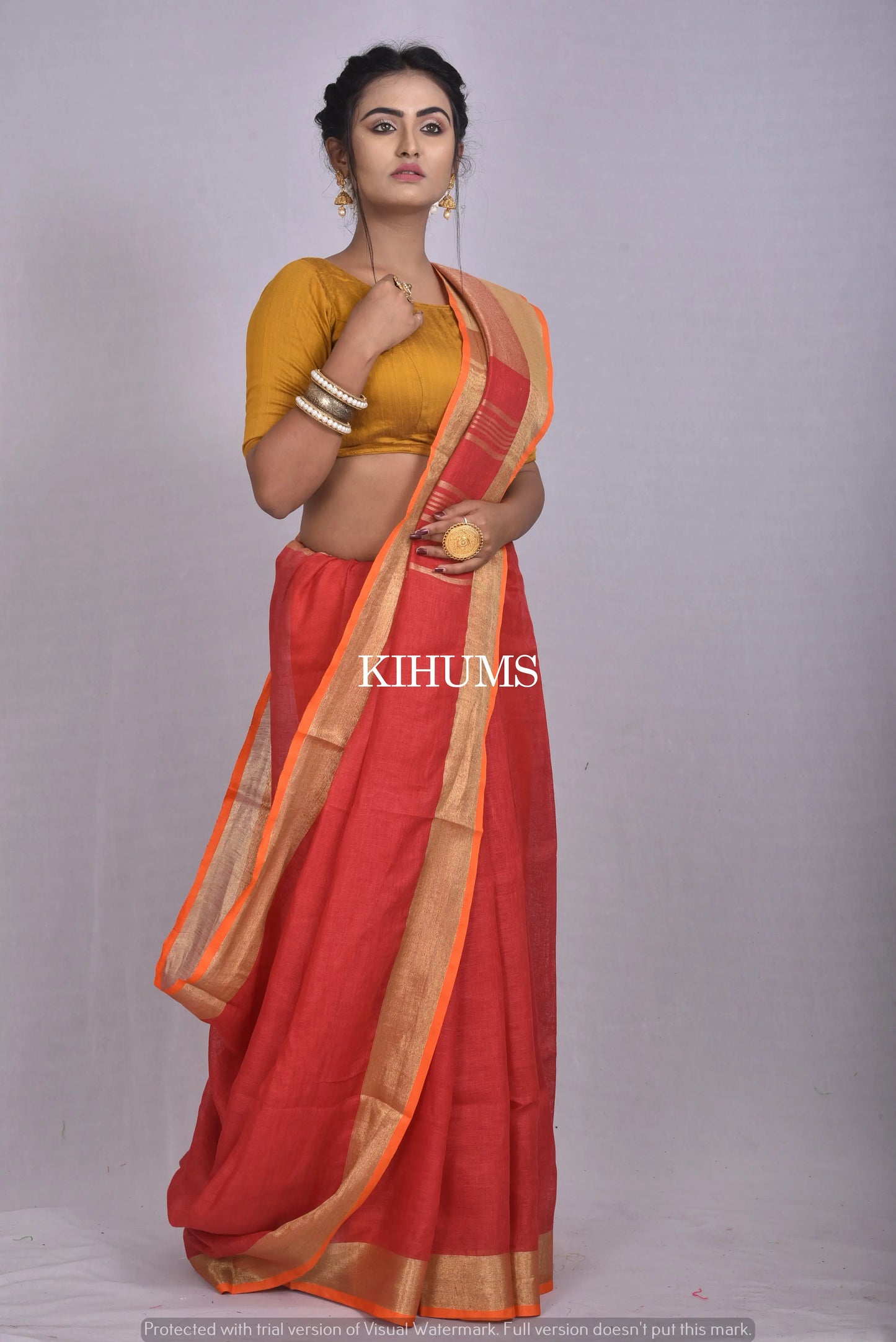Red Handwoven Linen Saree | Gold Zari border | Contrast Blouse | KIHUMS Saree kihums clothing