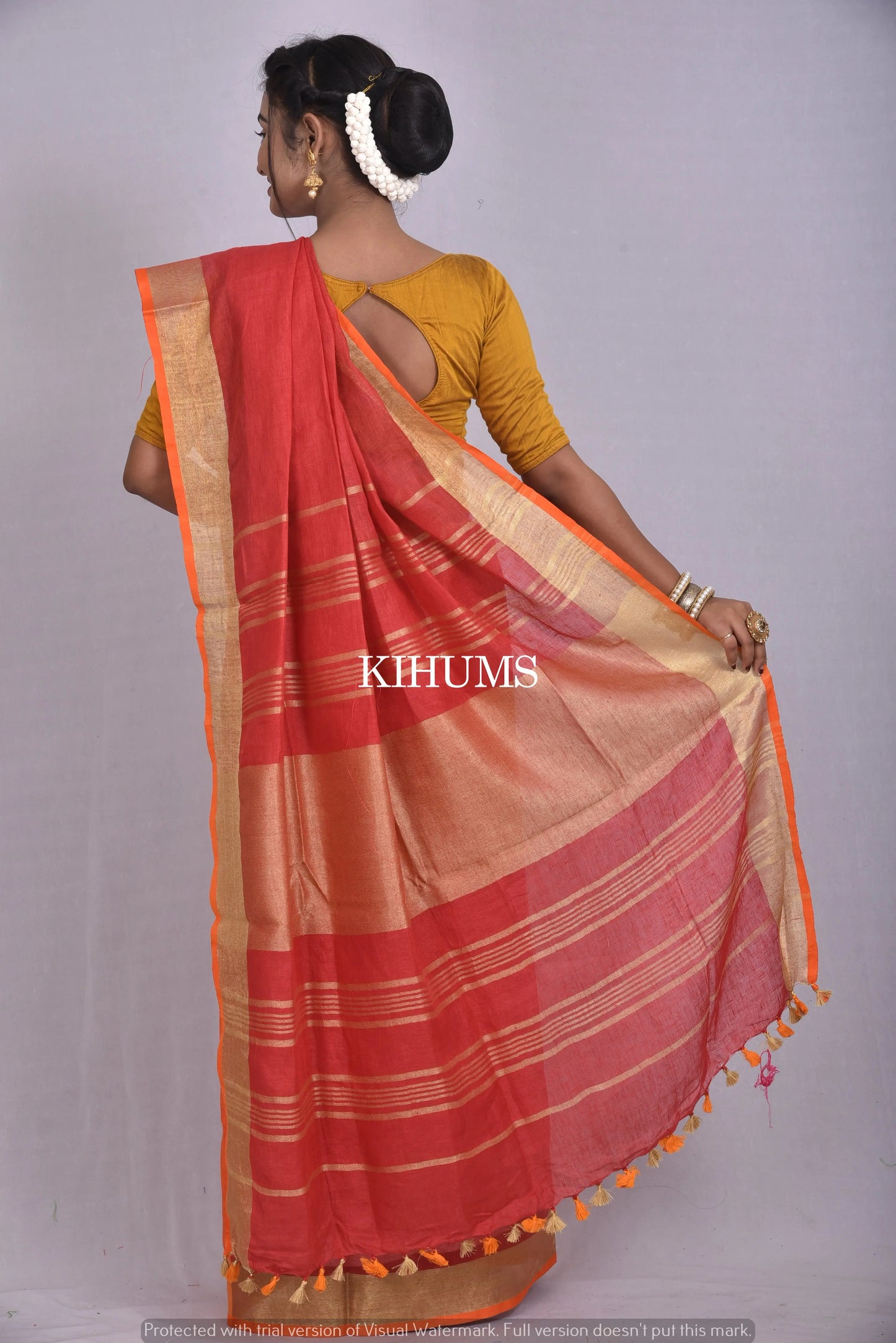 Red Handwoven Linen Saree | Gold Zari border | Contrast Blouse | KIHUMS Saree kihums clothing