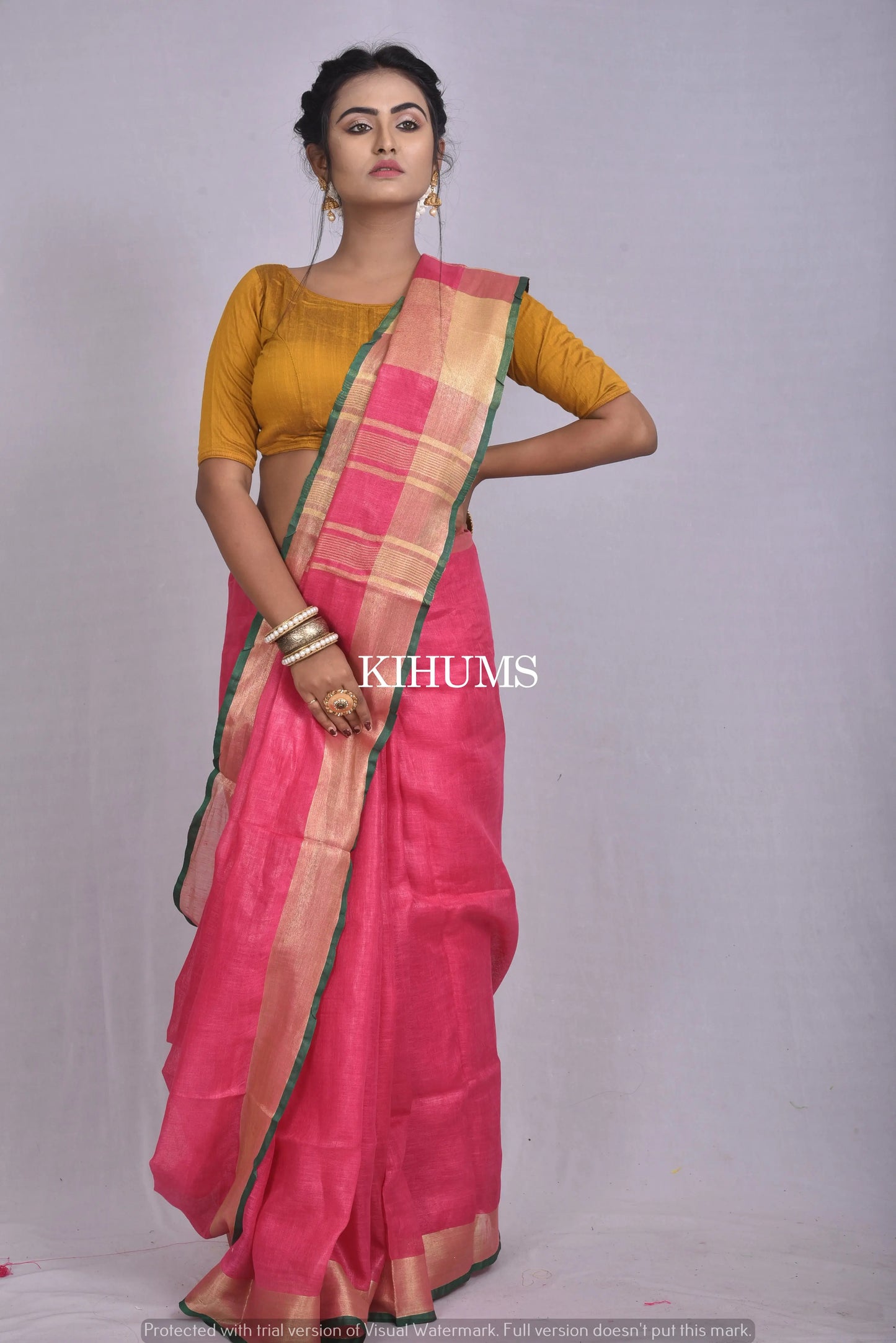 Pink Handwoven Linen Saree | Gold Zari border | Contrast Blouse | KIHUMS Saree kihums clothing