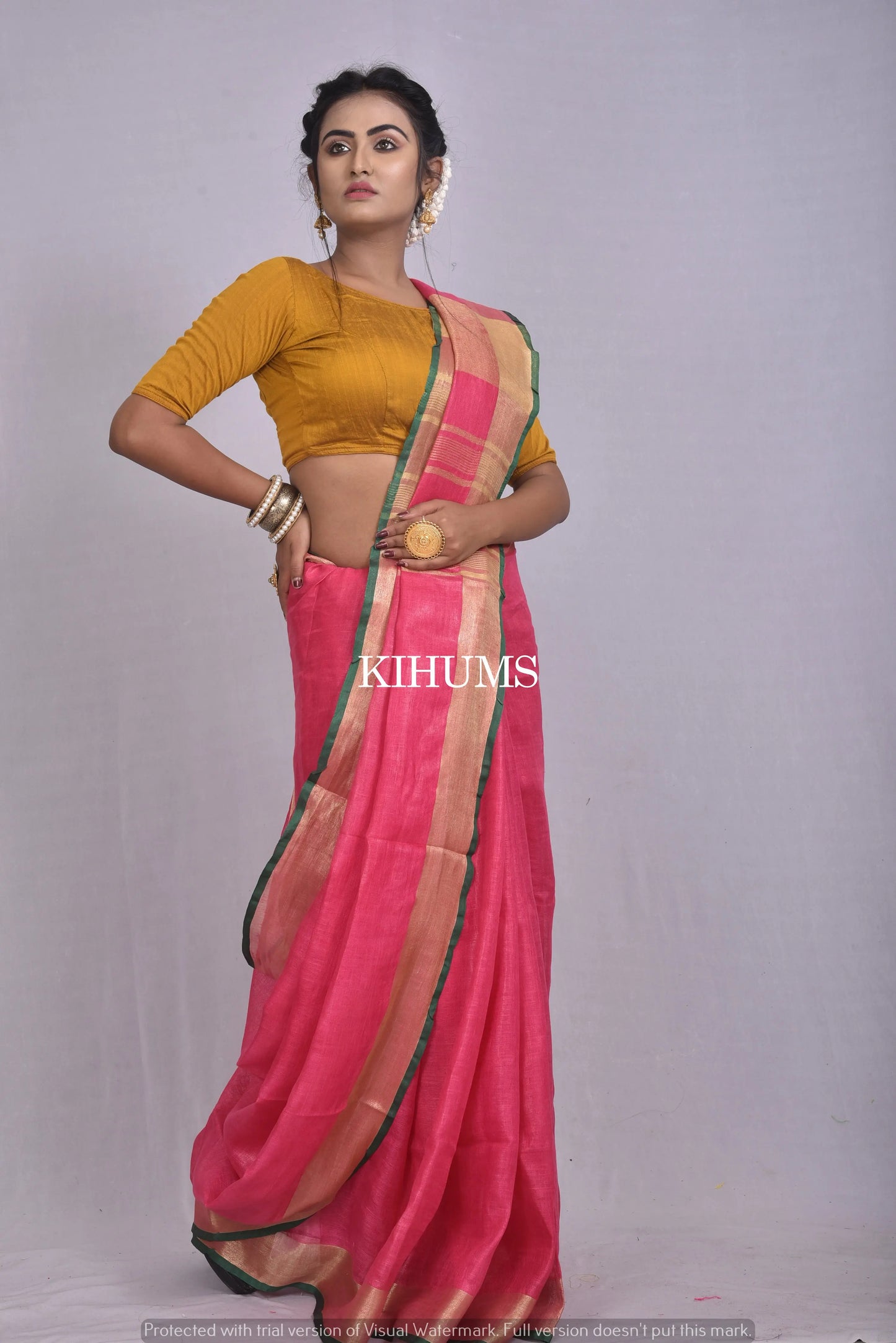 Pink Handwoven Linen Saree | Gold Zari border | Contrast Blouse | KIHUMS Saree kihums clothing