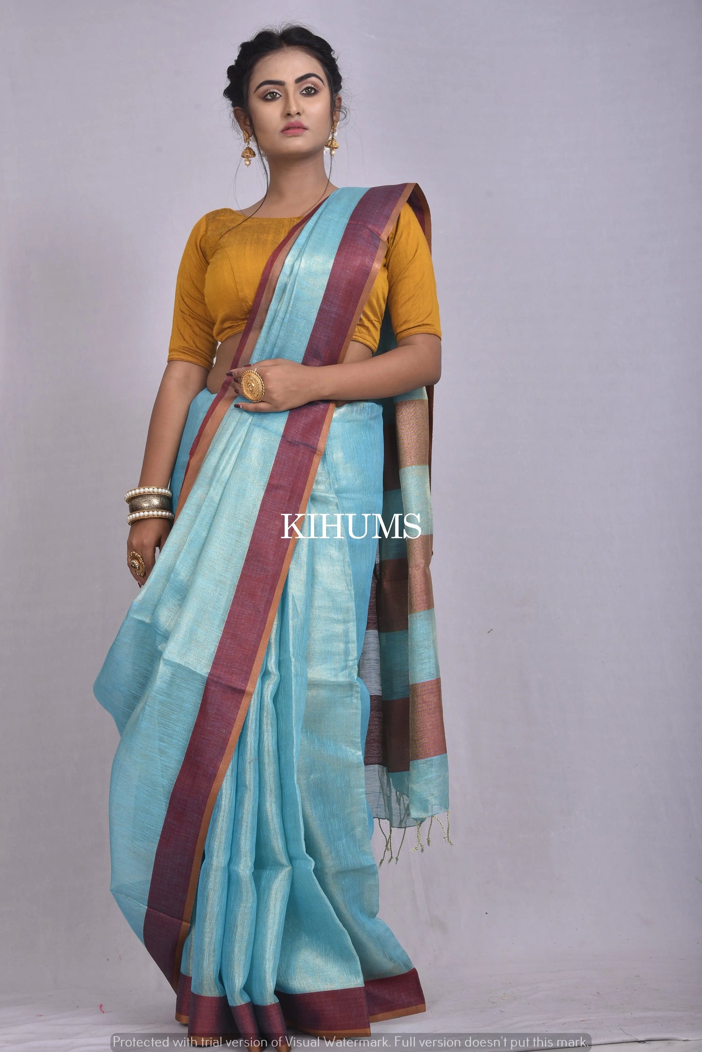 Blue Shade with Silver Tinge | Tissue Linen Saree | Contrast Border | KIHUMS Saree women clothing