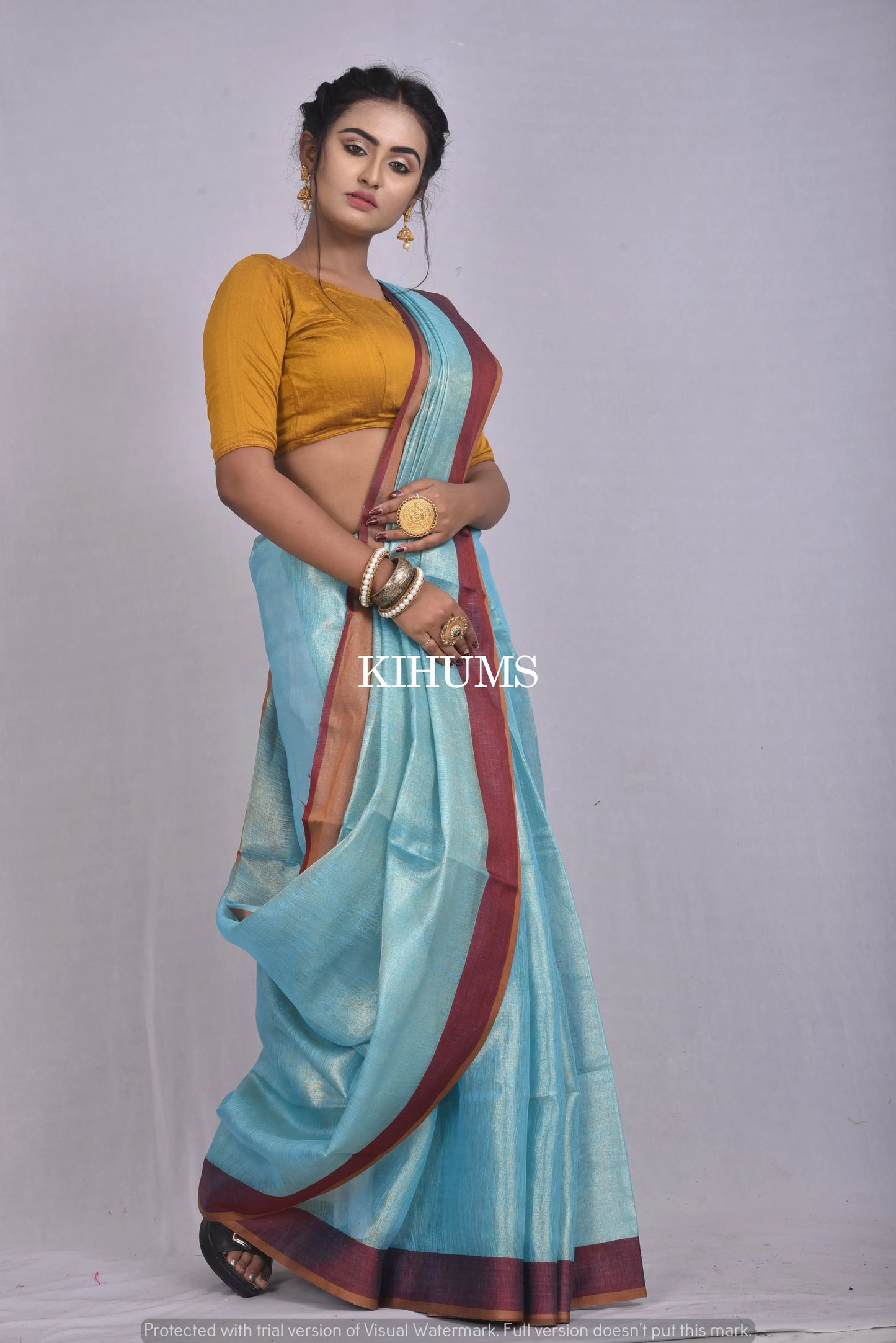 Blue Shade with Silver Tinge | Tissue Linen Saree | Contrast Border | KIHUMS Saree women clothing