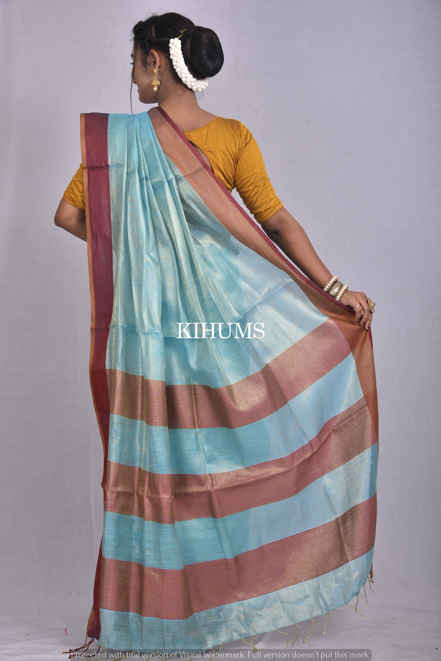 Blue Shade with Silver Tinge | Tissue Linen Saree | Contrast Border | KIHUMS Saree