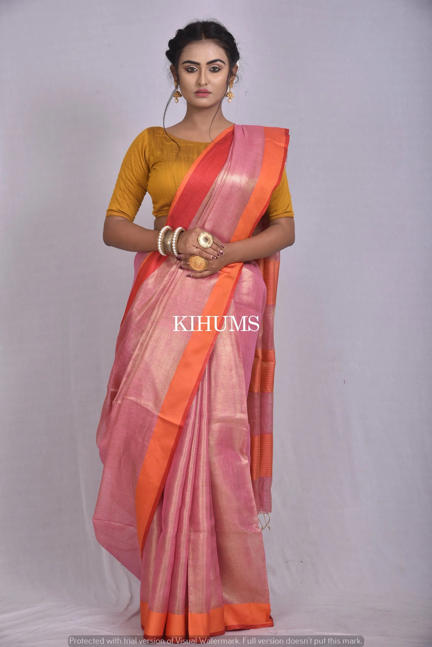 Calm Pink Shade with Gold Tinge | Tissue Linen Saree | Contrast Border | KIHUMS Saree women clothing