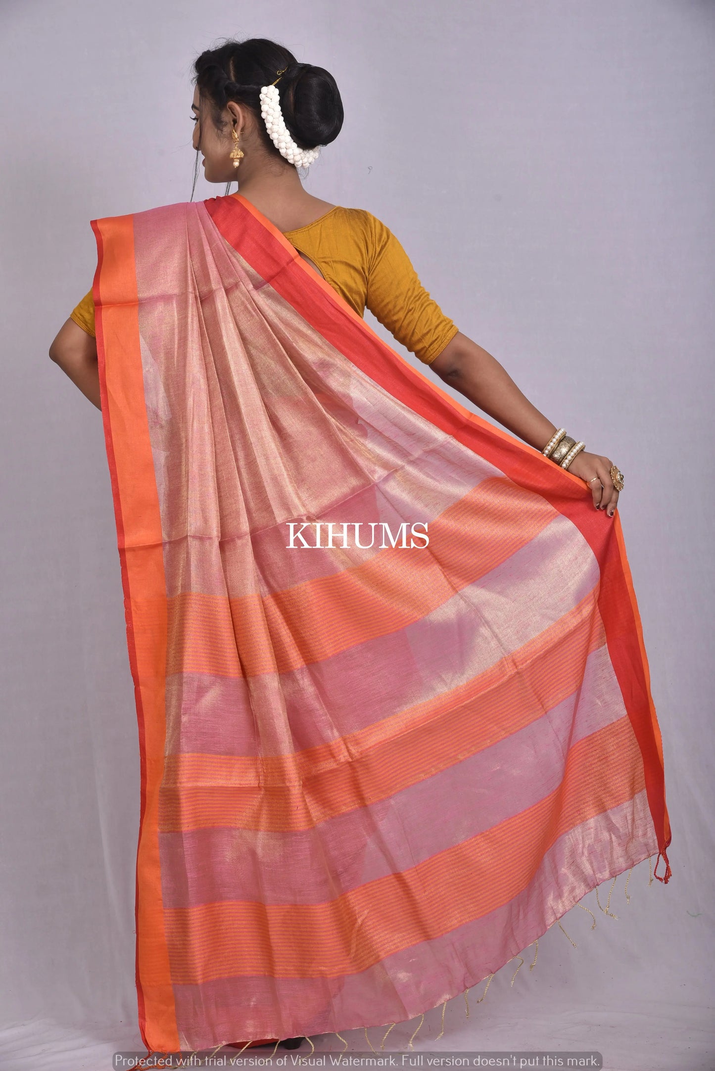Calm Pink Shade with Gold Tinge | Tissue Linen Saree | Contrast Border | KIHUMS Saree women clothing